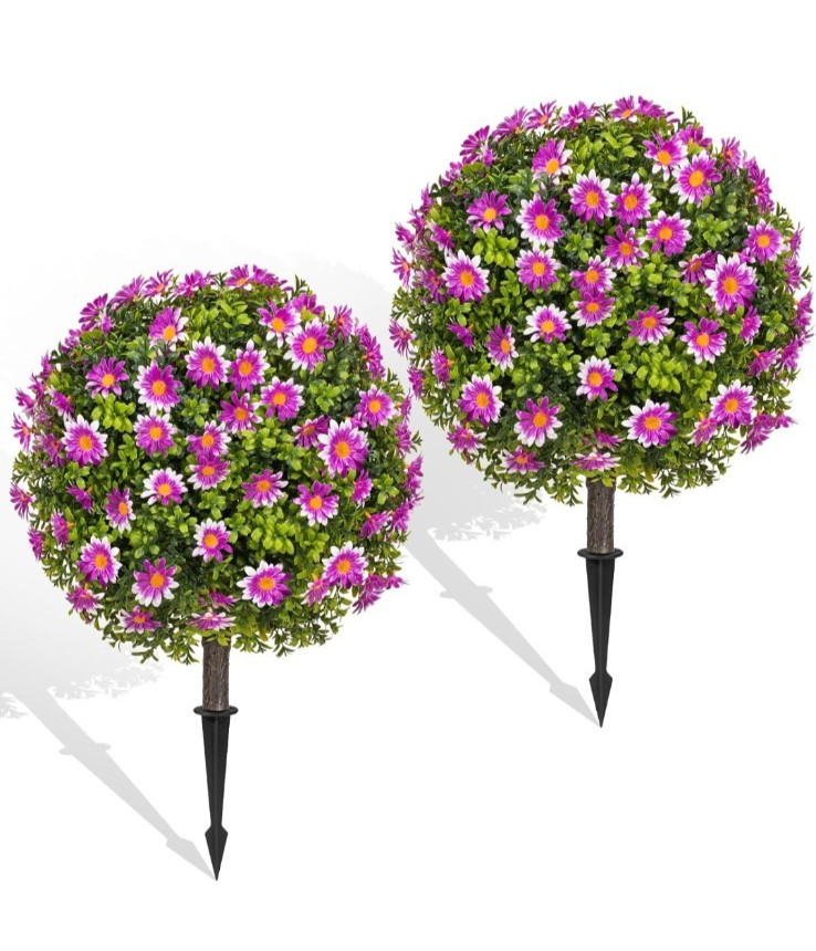 Fake Plants – 18″ Wide Set of 2 Purple Faux Boxwood Plants for Outdoor Planters