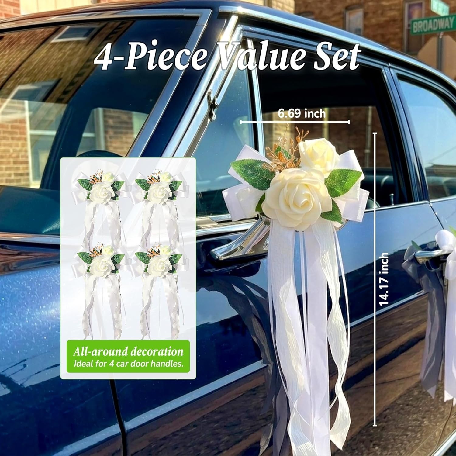 4PCS Wedding Car Door Handle Decorative Flowers, White Artificial Cars Bouquet F