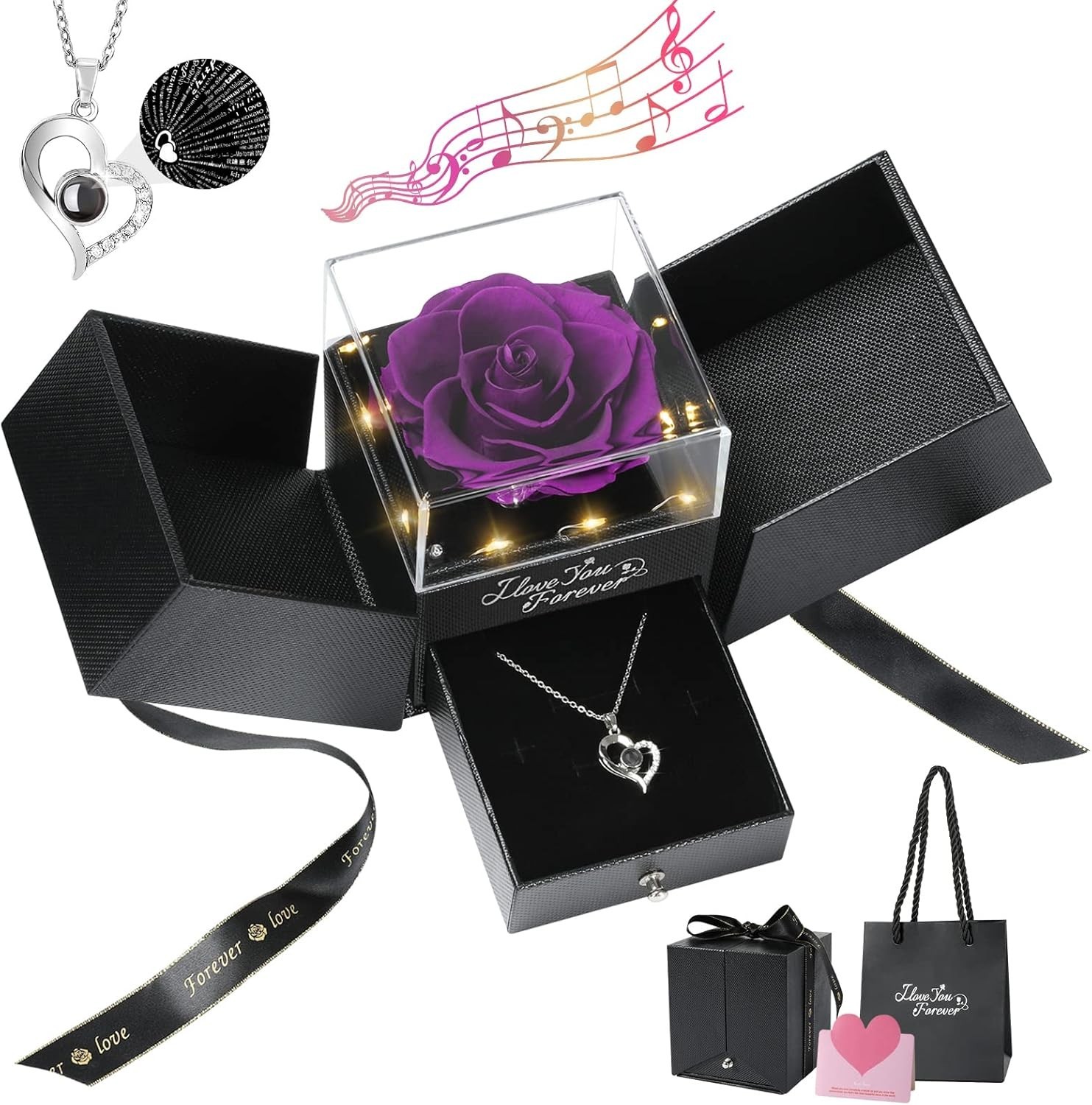 Eternal Preserved Purple Rose Gift with Heart Necklace – Romance in a Box
