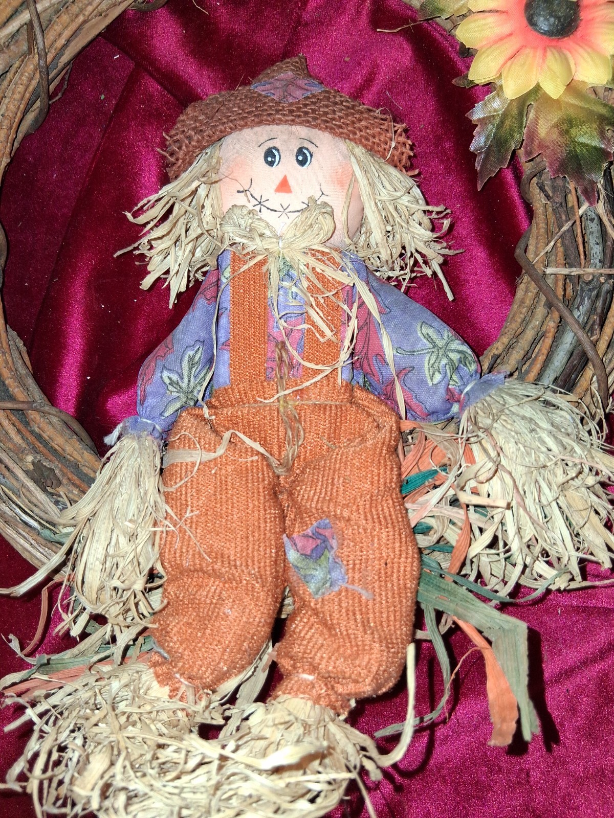 Vintage Handmade Scarecrow Grapevine Wreath with Sunflower – Fall Thanksgiving