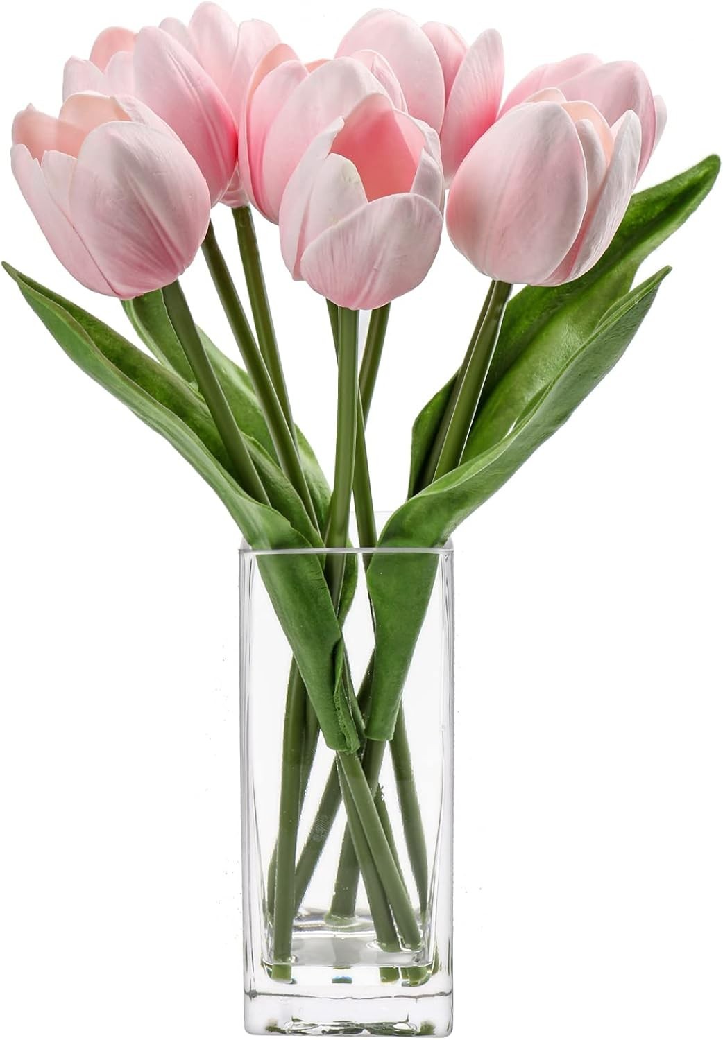 Pink Artificial Tulip Flower Fake Flowers Clear Vase Real Touch Arrangement