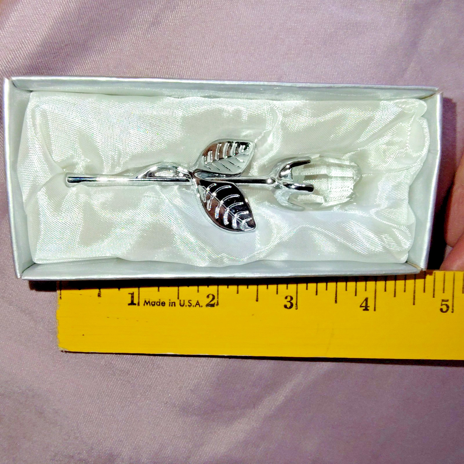 Crystal Rose Silver Metal Stem Clear Glass Flower Gift Box 4″