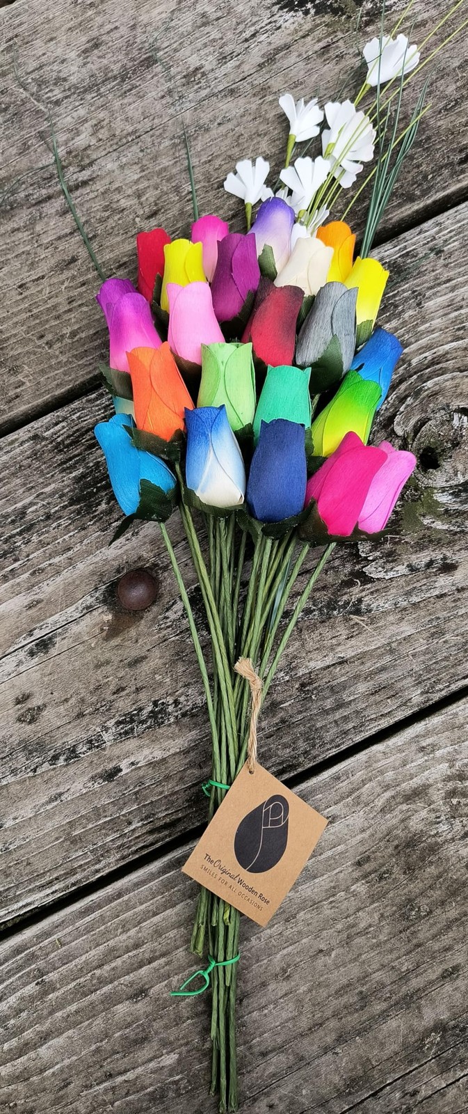 Assorted Colors Wooden Rose Closed Bud Bouquets 2 Dozen Floral Decor Gift