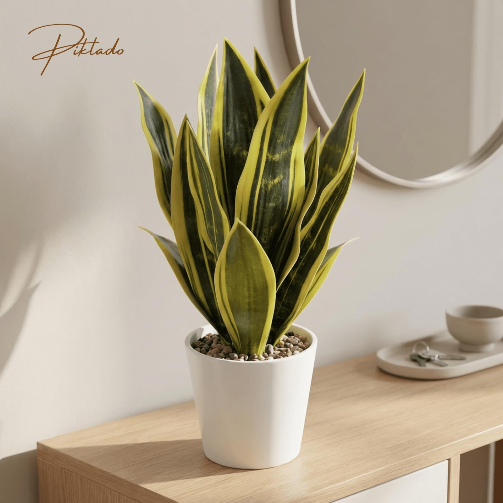 Artificial Snake Plants White Pot 15.5 Inch Sansevieria Green Yellow1 Decor