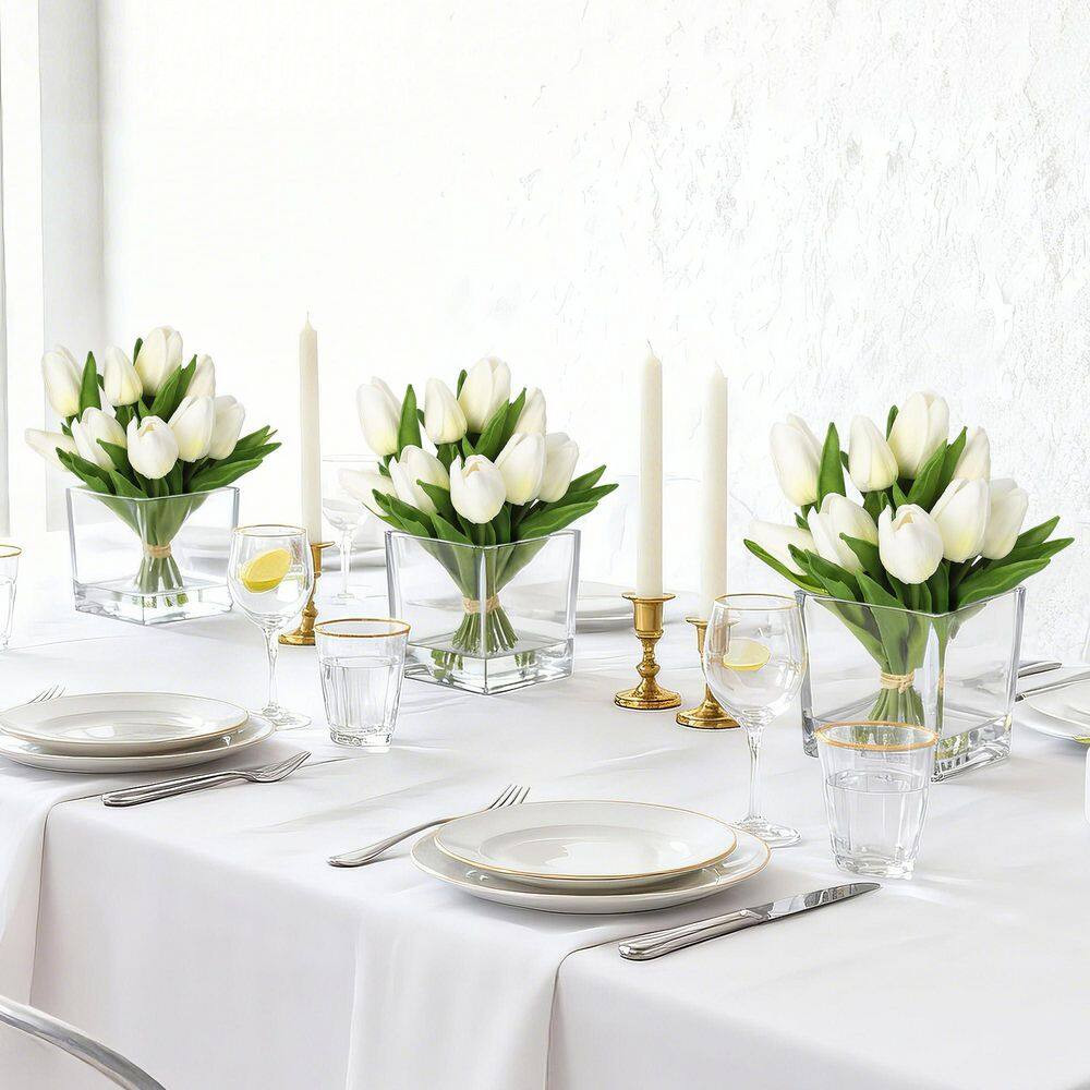 7.4 In. Real Touch White Artificial Tulip Arrangement in Clear Glass Vase, Indoo