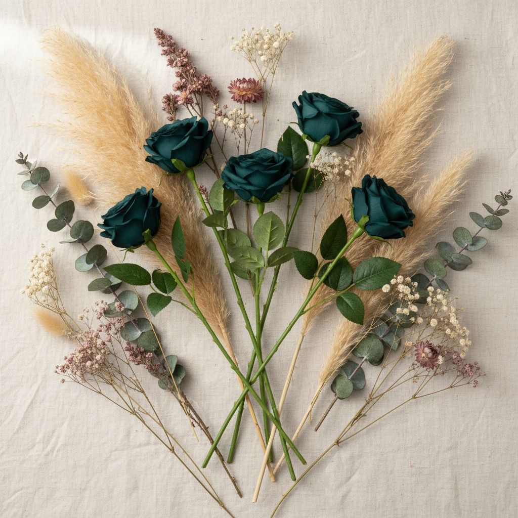 Set of 6 Dark Teal Green Artificial Rose Stems Peacock Teal Faux Roses Boho Wedd