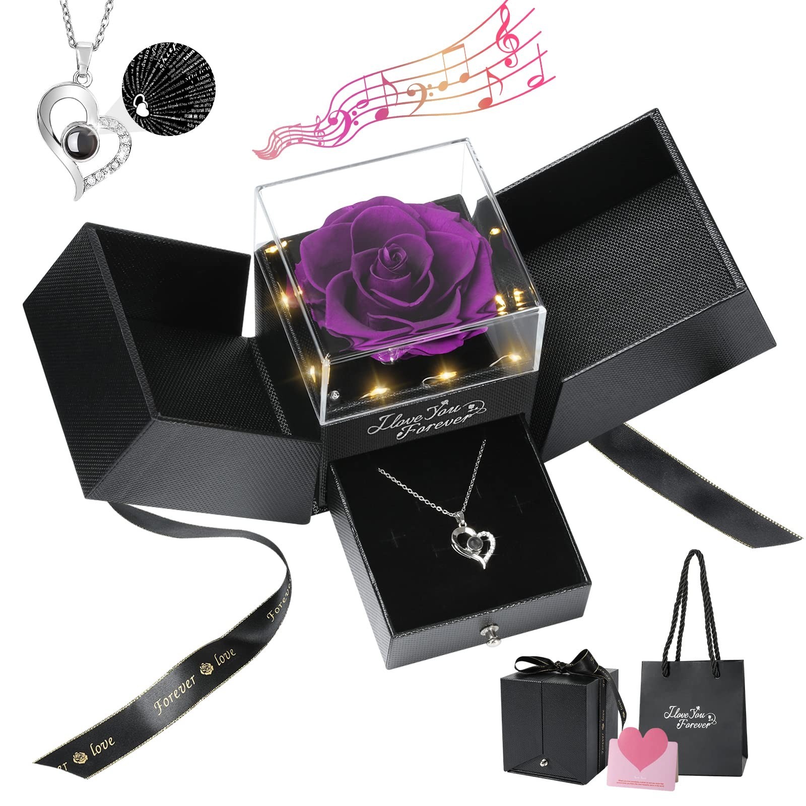 Eternal Preserved Rose Gift Box with Heart Necklace – Romantic I Love You Gift f