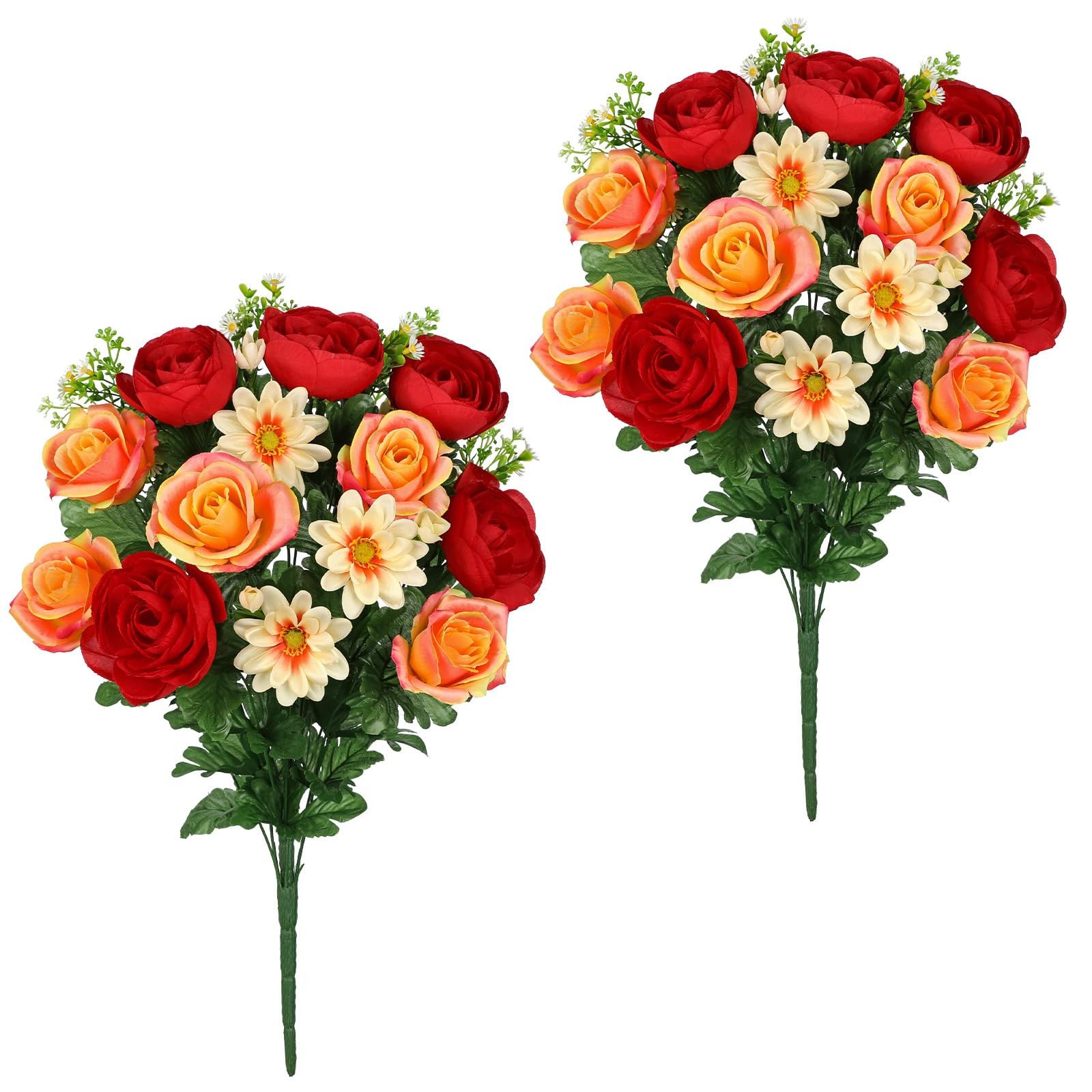 Hollyone Set of 2 Artificial Cemetery Flower for Graves Red Orange Cemetery M…
