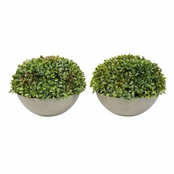 Pure Garden Faux Boxwood Topiary Set of 2 Indoor Artificial Plants in Stone Bowl