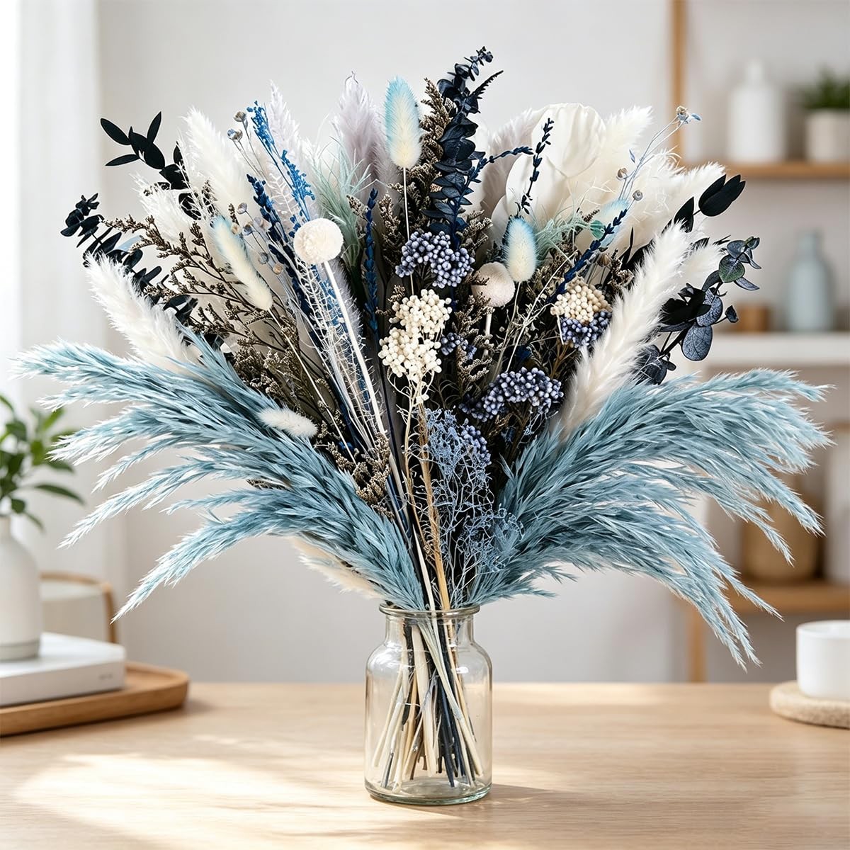 Dusty Blue Pampas Grass Arrangement, Blue and White Dried Flower Bouquet with…