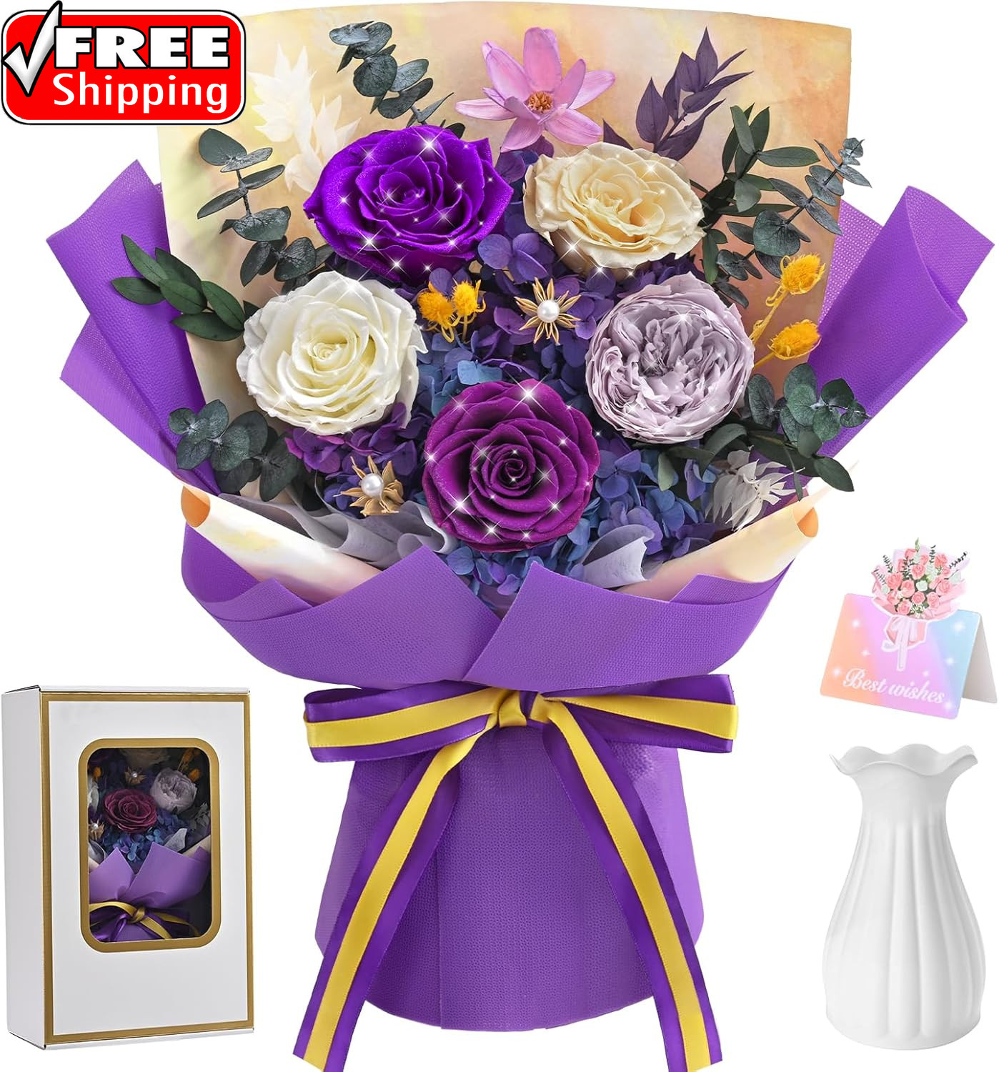 5 Pcs Glitter Purple Preserved Roses Flowers Bouquet, Forever Rose Flowers for D