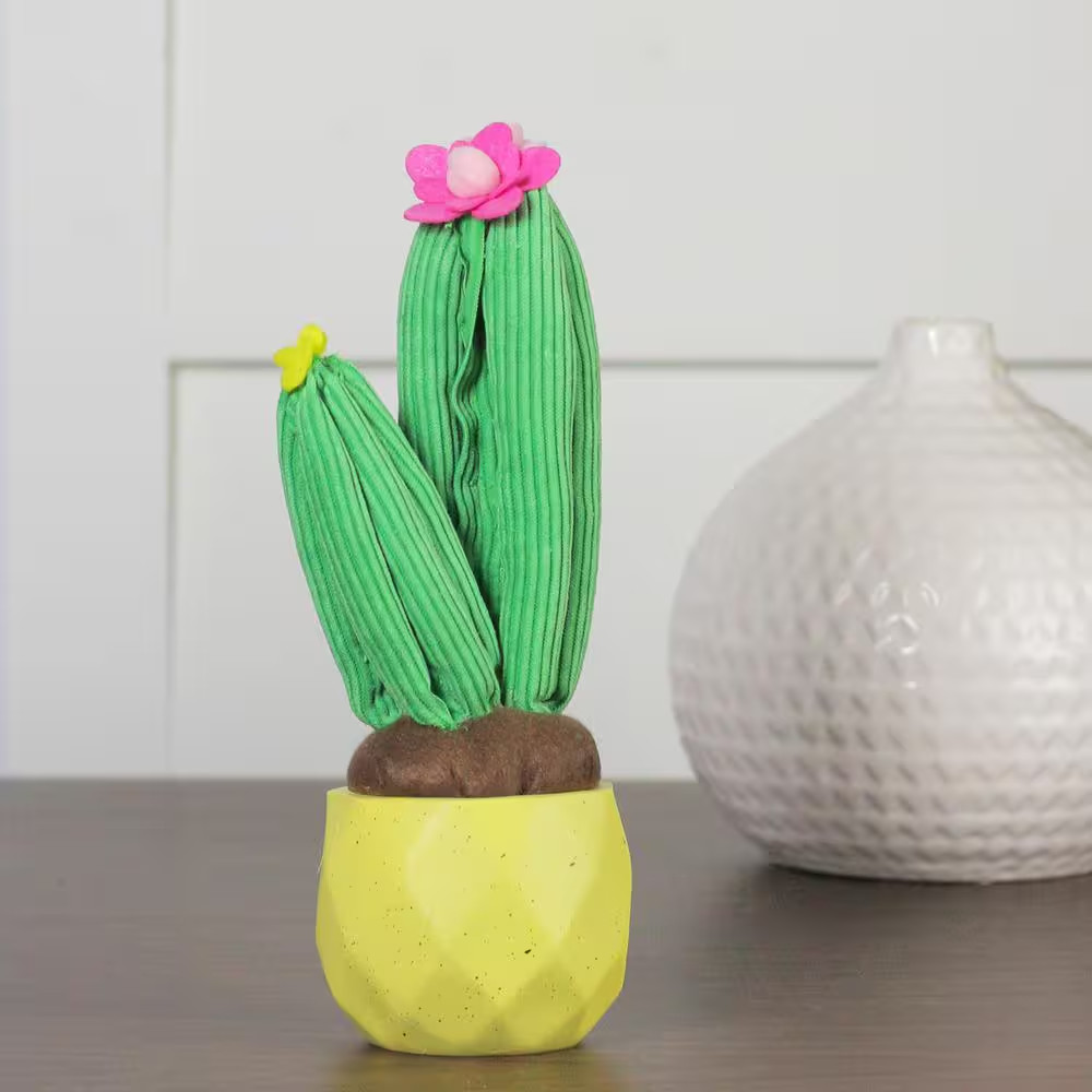 10.5 In. Artificial Plush Dual Cactus in Yellow Pot Table Top Decoration