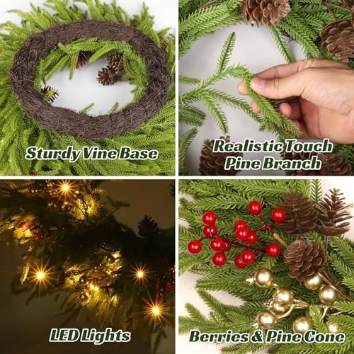 26″ Norfolk Pine Wreath, Large Greenery Wreath for Front Door, Green Year