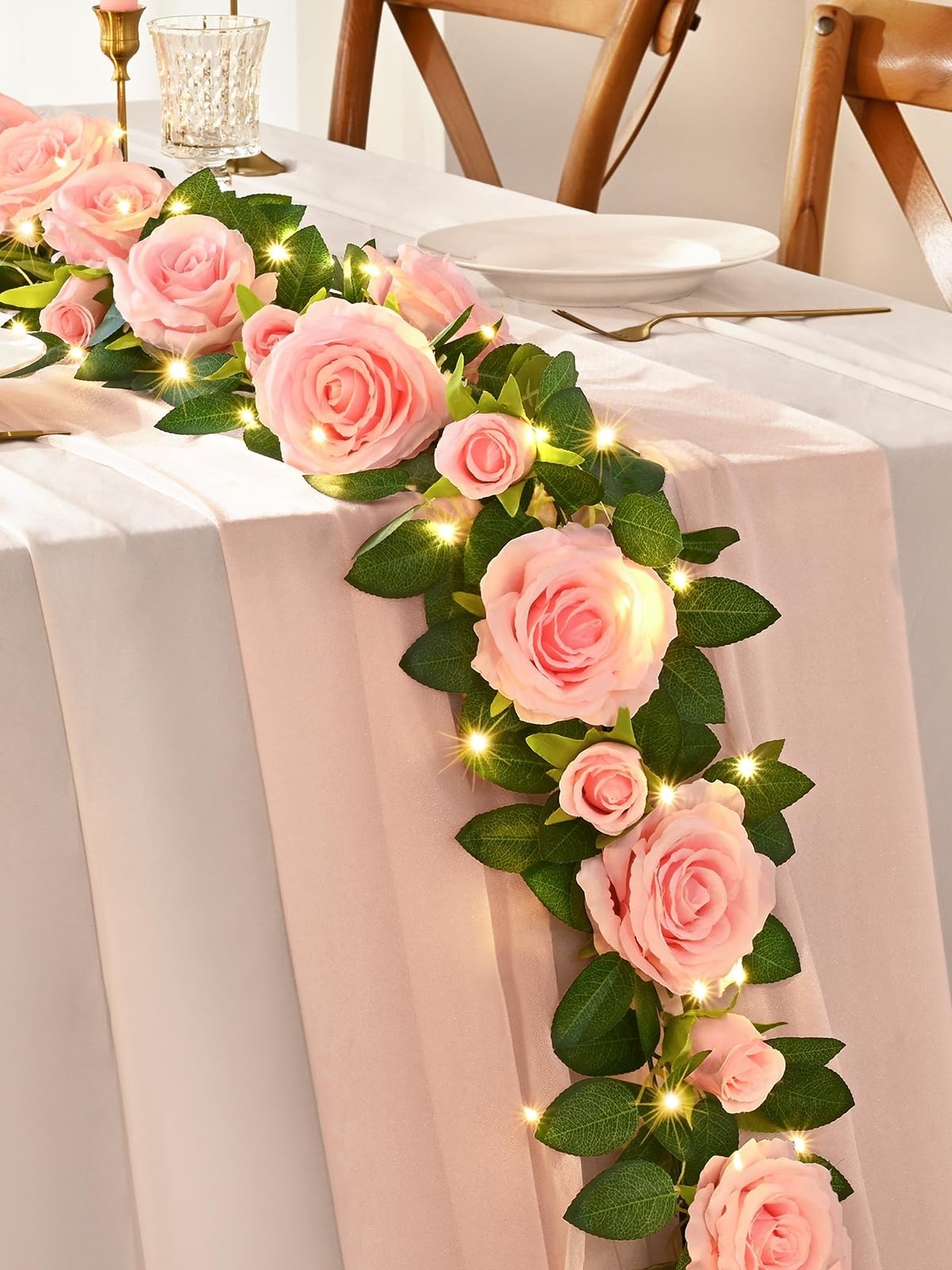 2 Pcs Floral Garland with 19.6 Ft LED Lights, Pink Silk Flowers for Wedding Deco