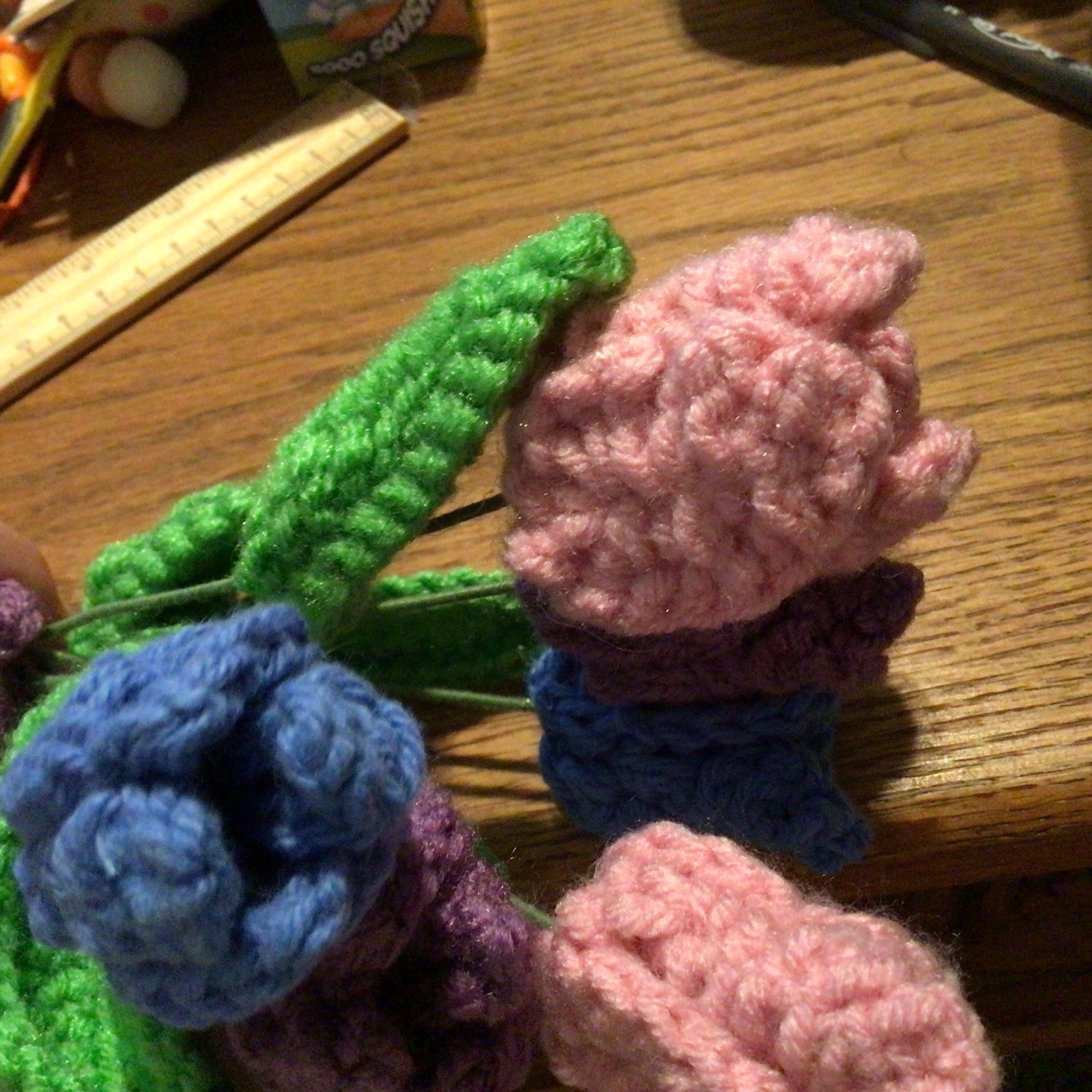 Crochet Flowers Bouquet, Pink, purple, blue, & green with wire stems