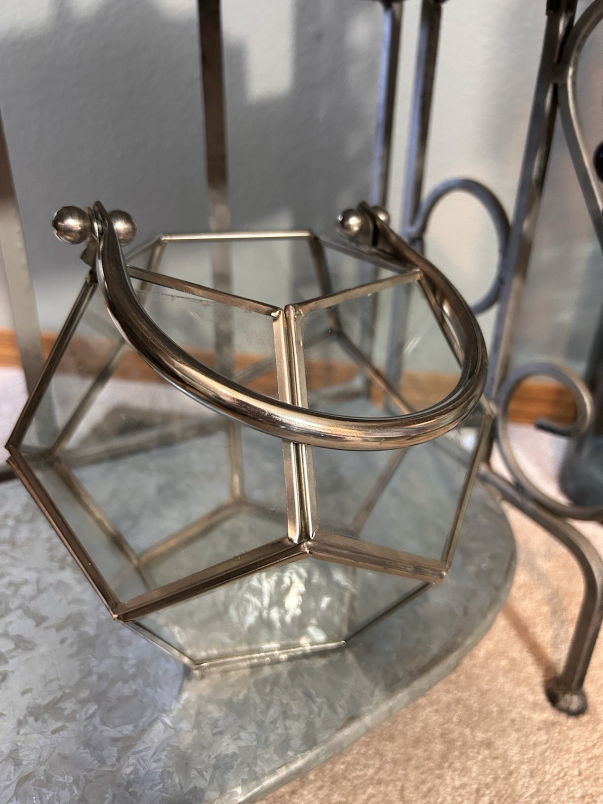 Geometric Glass Terrarium Basket with Metal Handle Pentagonal Display Holder 7”
