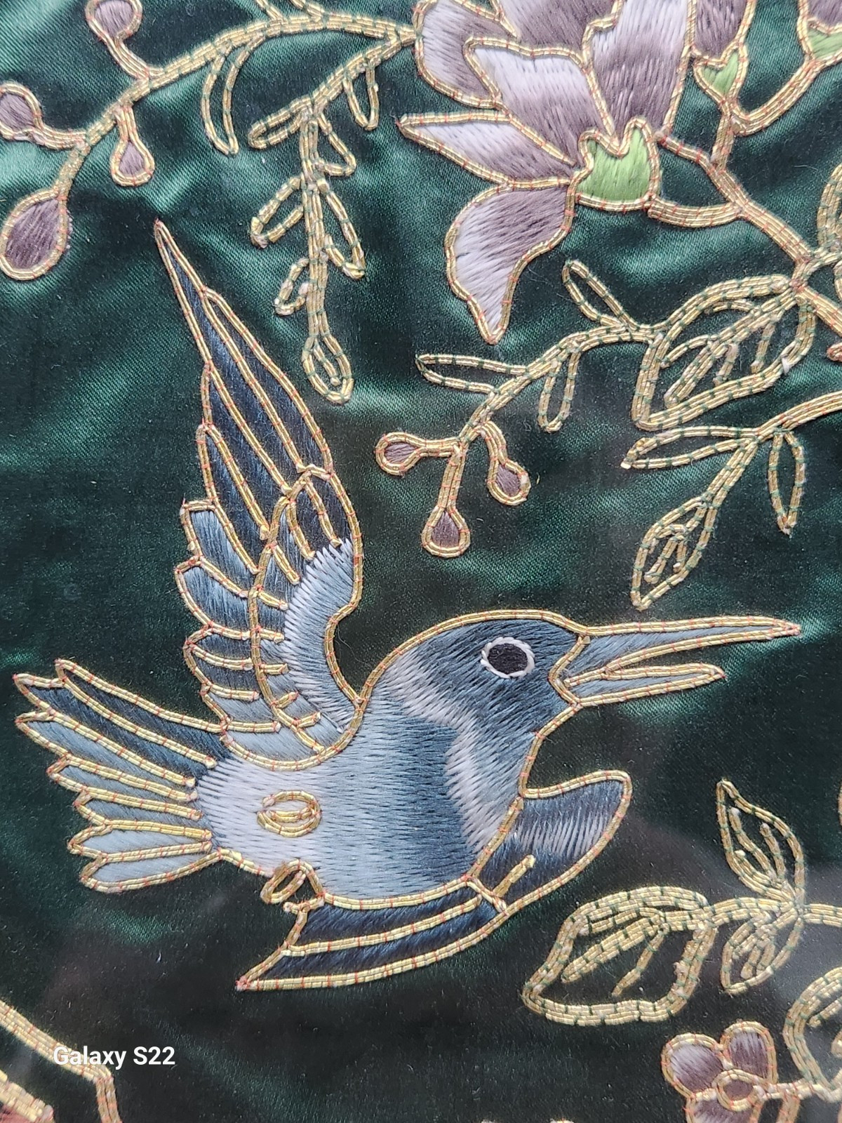 Green Silk Gold Embroidered Hummingbird Floral Professionally Framed
