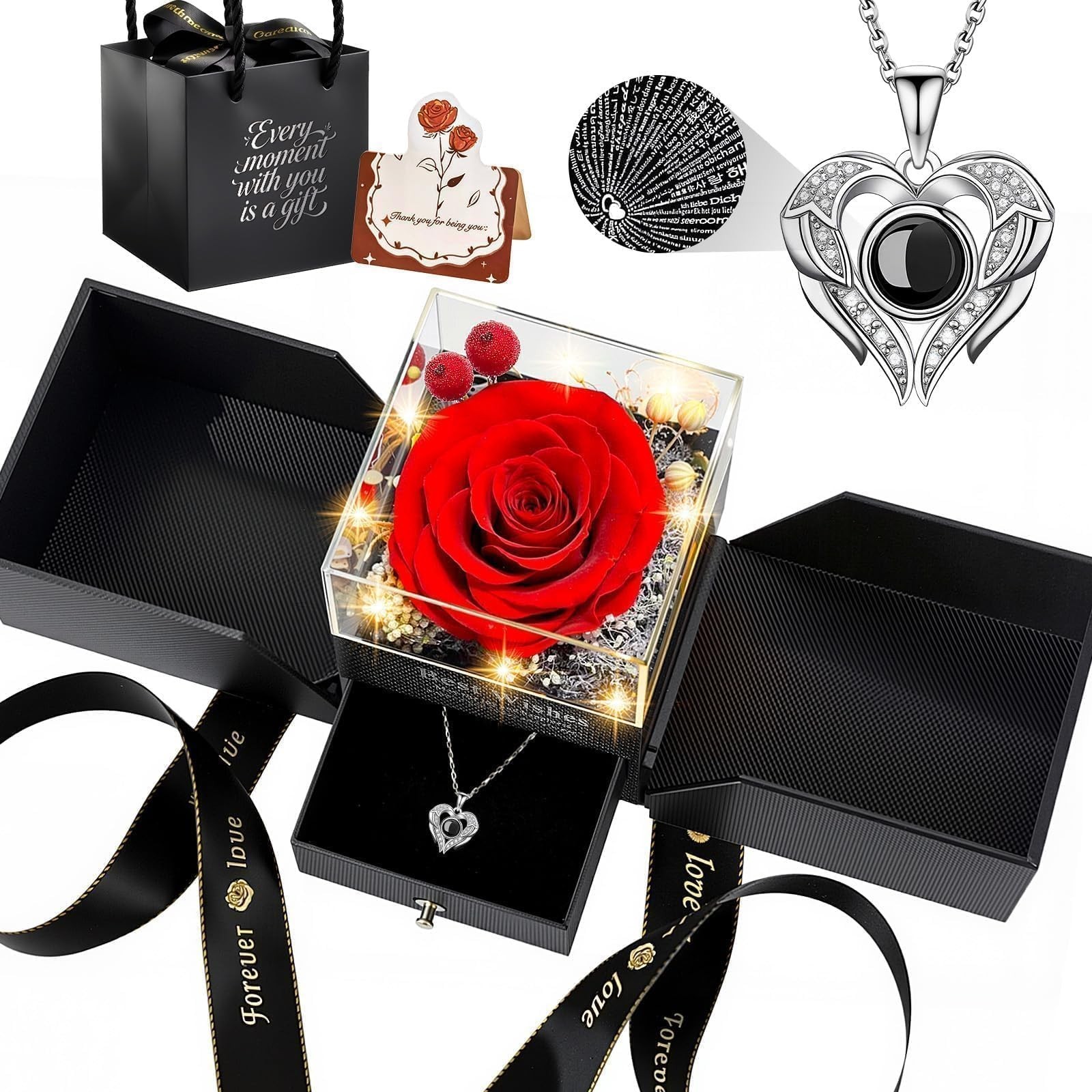 Romantic Gift Box with Preserved Red Rose & Heart Necklace – ‘I Love You’ in 100