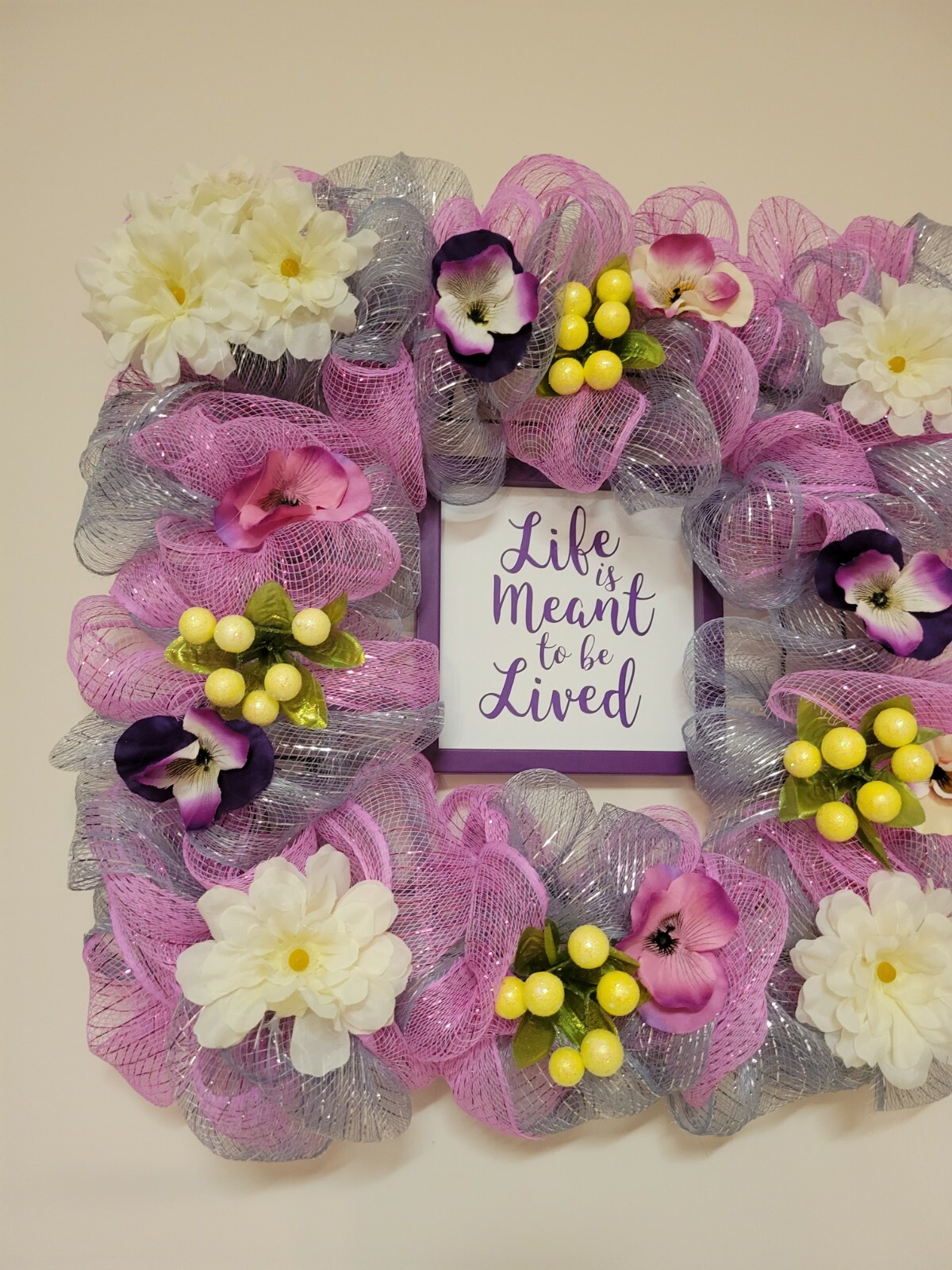 LIFE MEANT TO BE LIVED pink gray purple SUMMER SPRING FALL Door Wreath Square