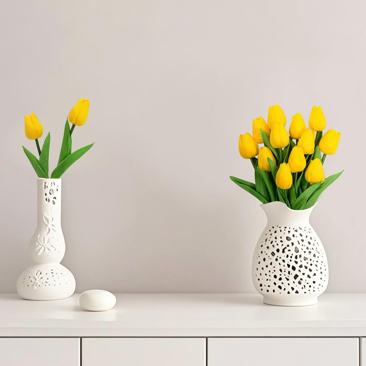 12pcs Yellow Tulips Artificial Flowers, 13.4″ PU Flowers Fake Tulips for Spring