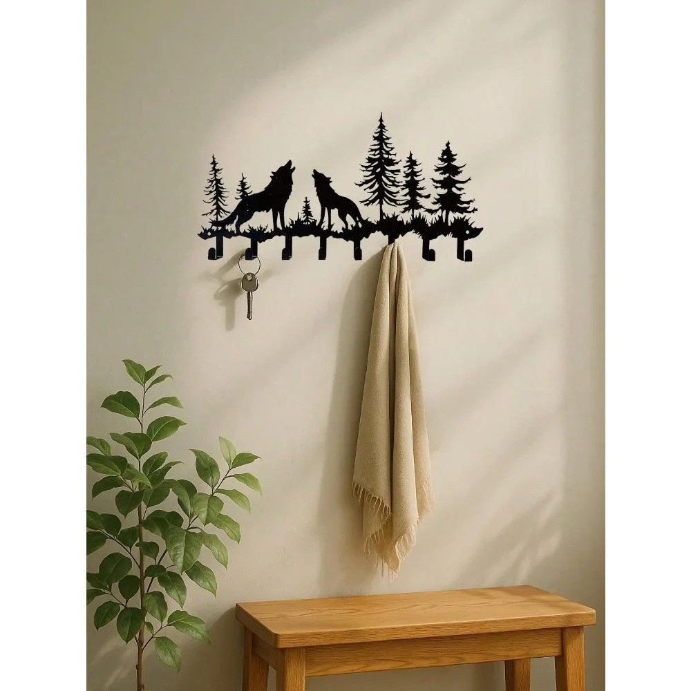 Wolf-Themed 8-Hook Wooden Key Holder – Wall Mounted Entryway Coat Rack Organizer