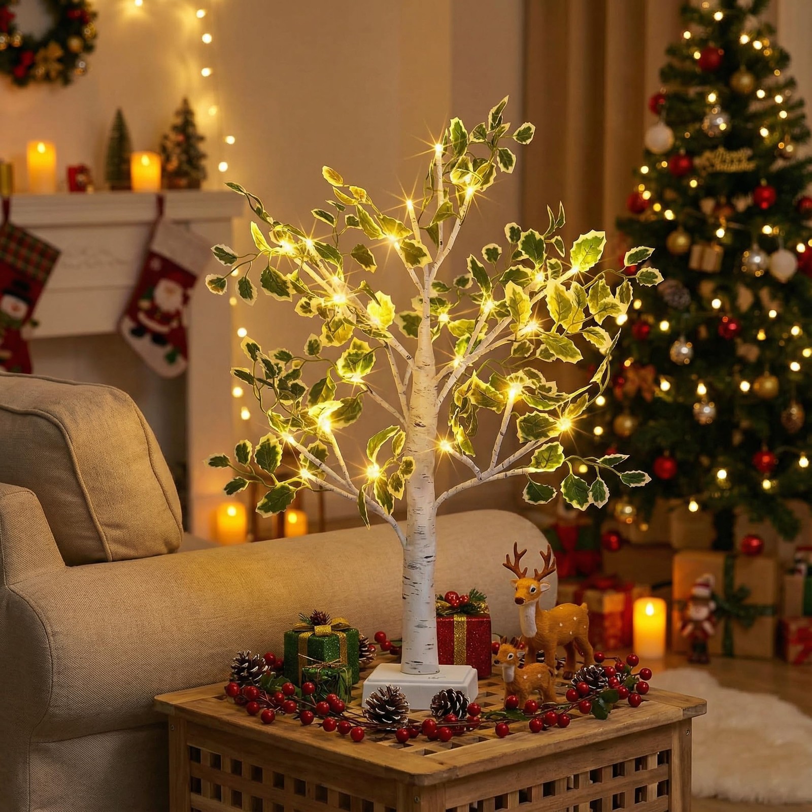 Birch Tree Lights 2ft, Fairy Light Tree with Green Leaves, USB/Battery Powere…