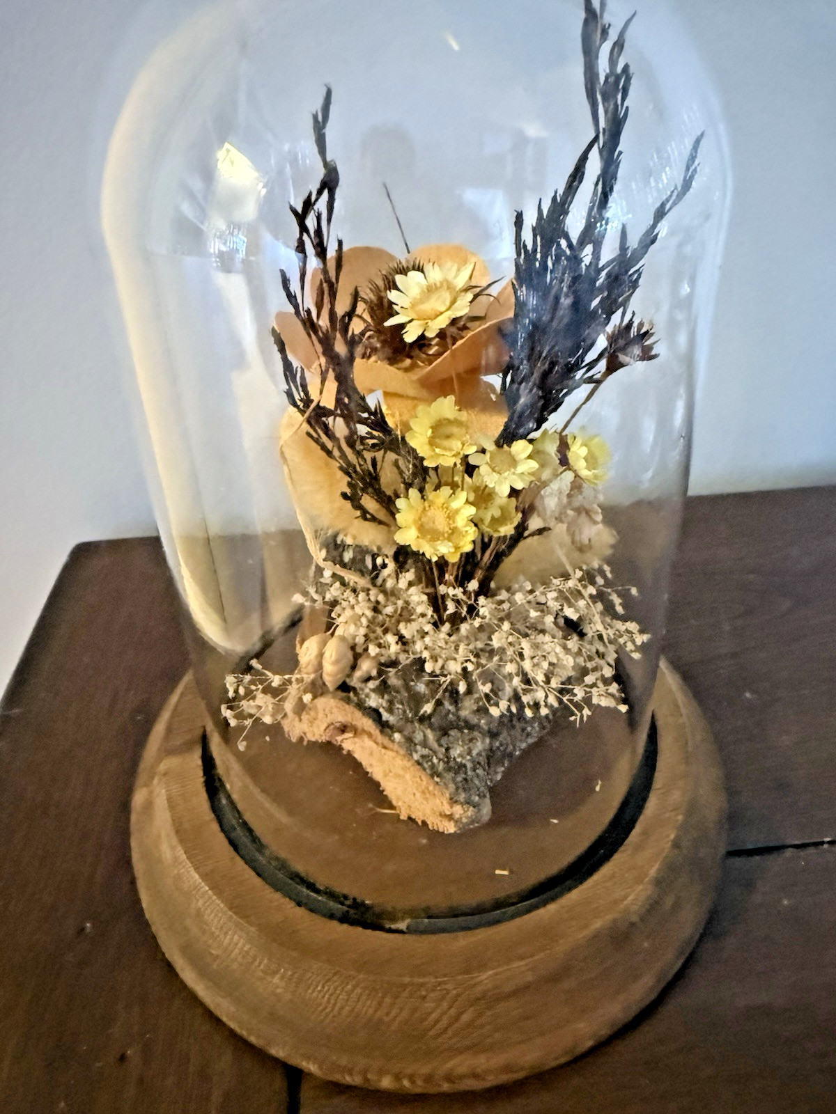 Vintage Hand Made Dried Floral & Bird Diorama / Terrarium Glass Dome Display