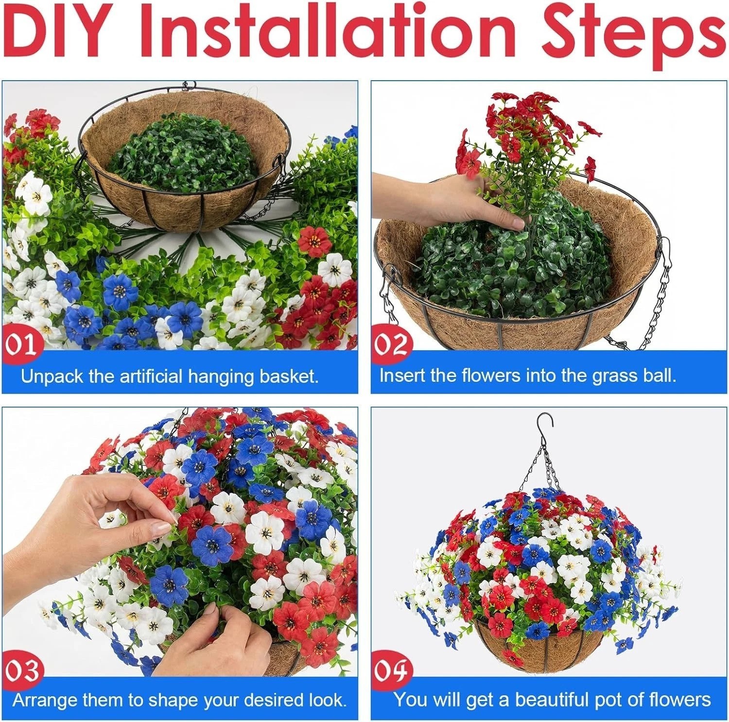 24 Vibrant Artificial Flowers in 2 Hanging Baskets for 4th of July Celebrations