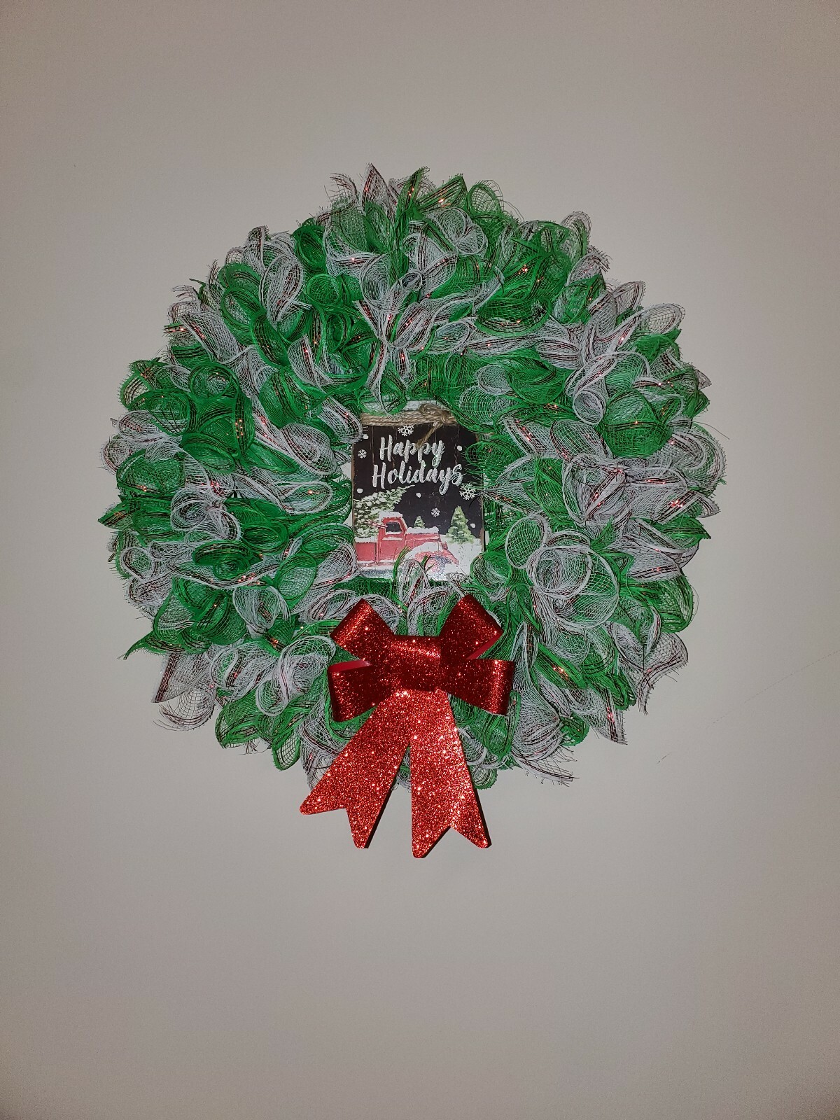 HAPPY HOLIDAYS green white Deco Mesh Front Door Wreath Wall Decoration CHRISTMAS