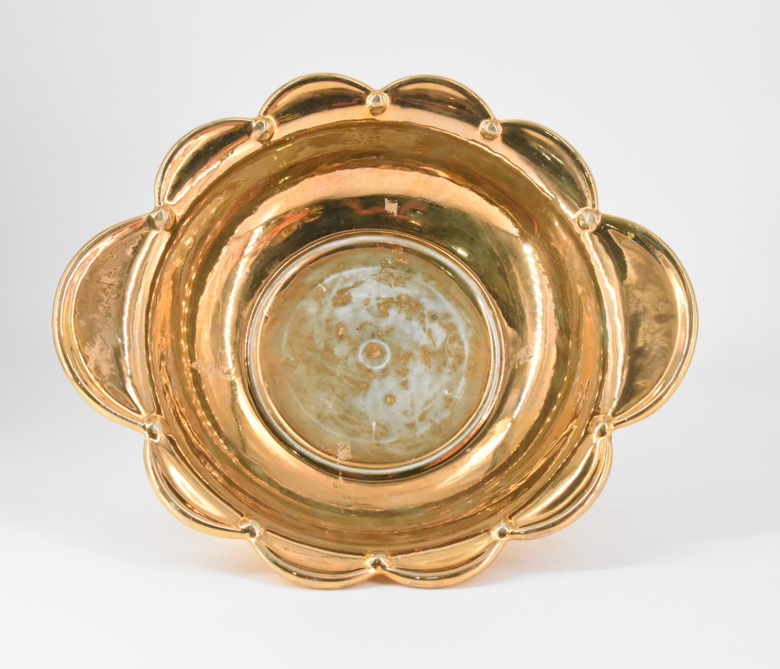 VTG Pink Flower Arrangement Centerpiece Italy Turquoise Gold Ceramic Dish 14″