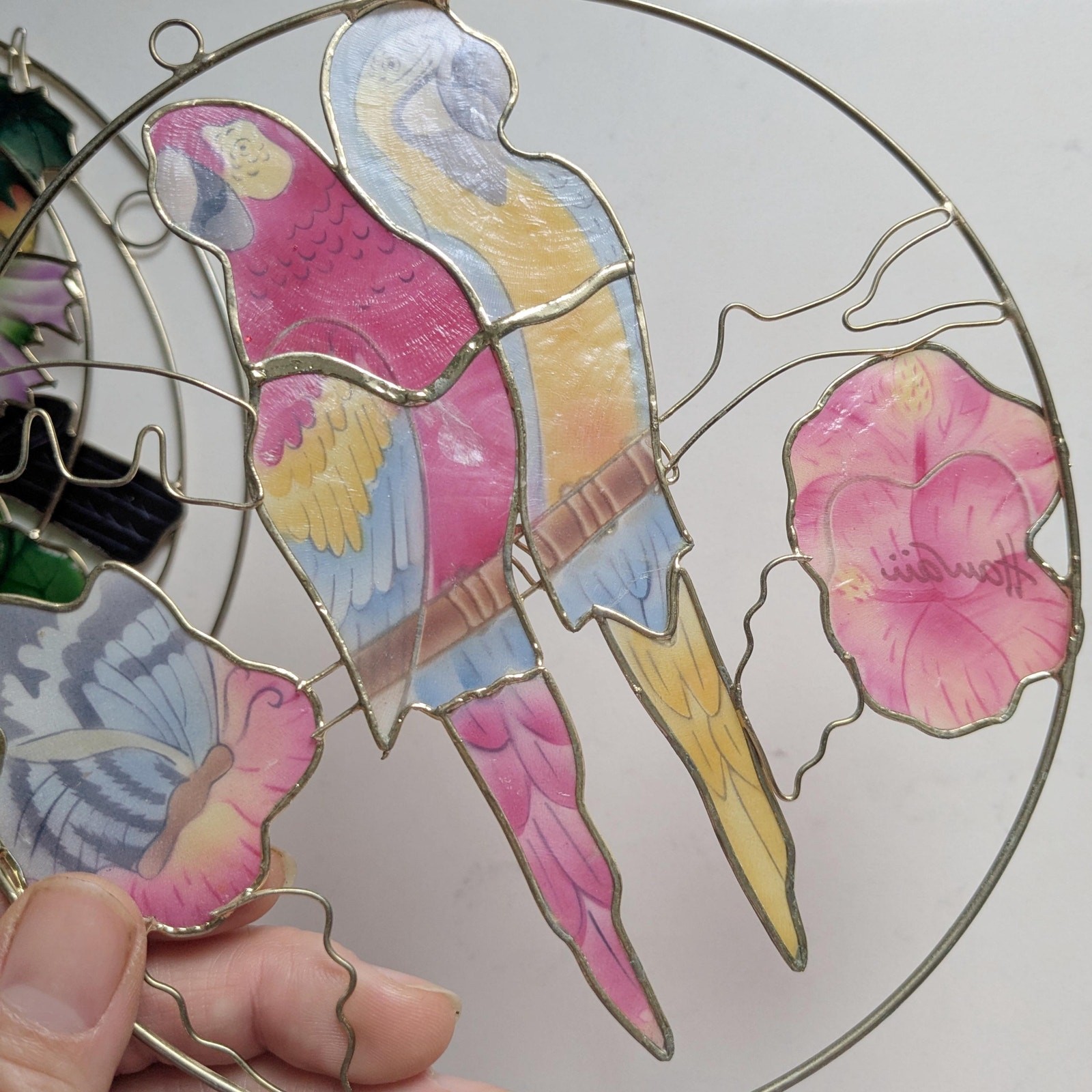 Vintage 1980s Hand-Painted Tropical Parrot Sun Catcher – Stained Glass-Style
