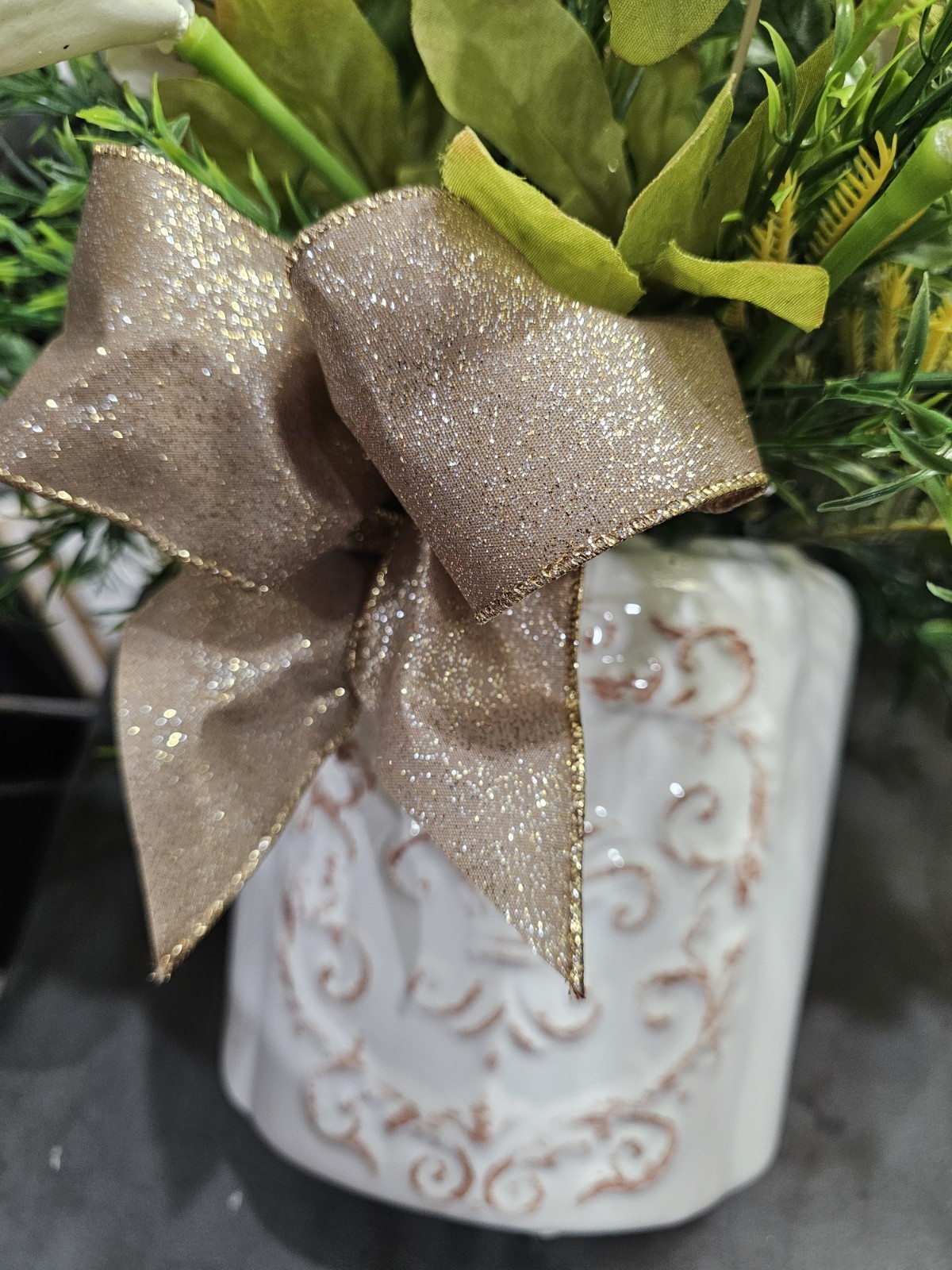Artificial Flower Arrangement Peonies Calla Lilies Glistening Gold Accen & Vase