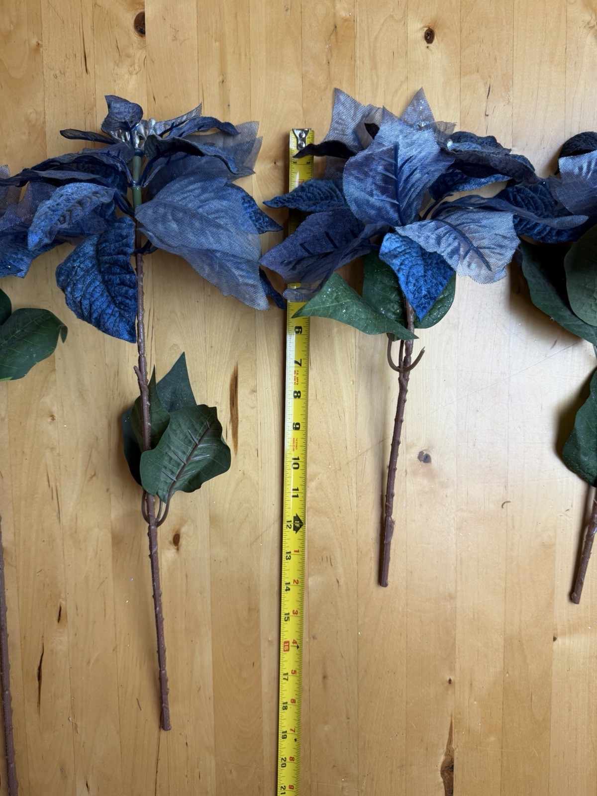 Set of 5 Navy Blue Velvet Poinsettia Stems Glitter Christmas Floral Decor 25”