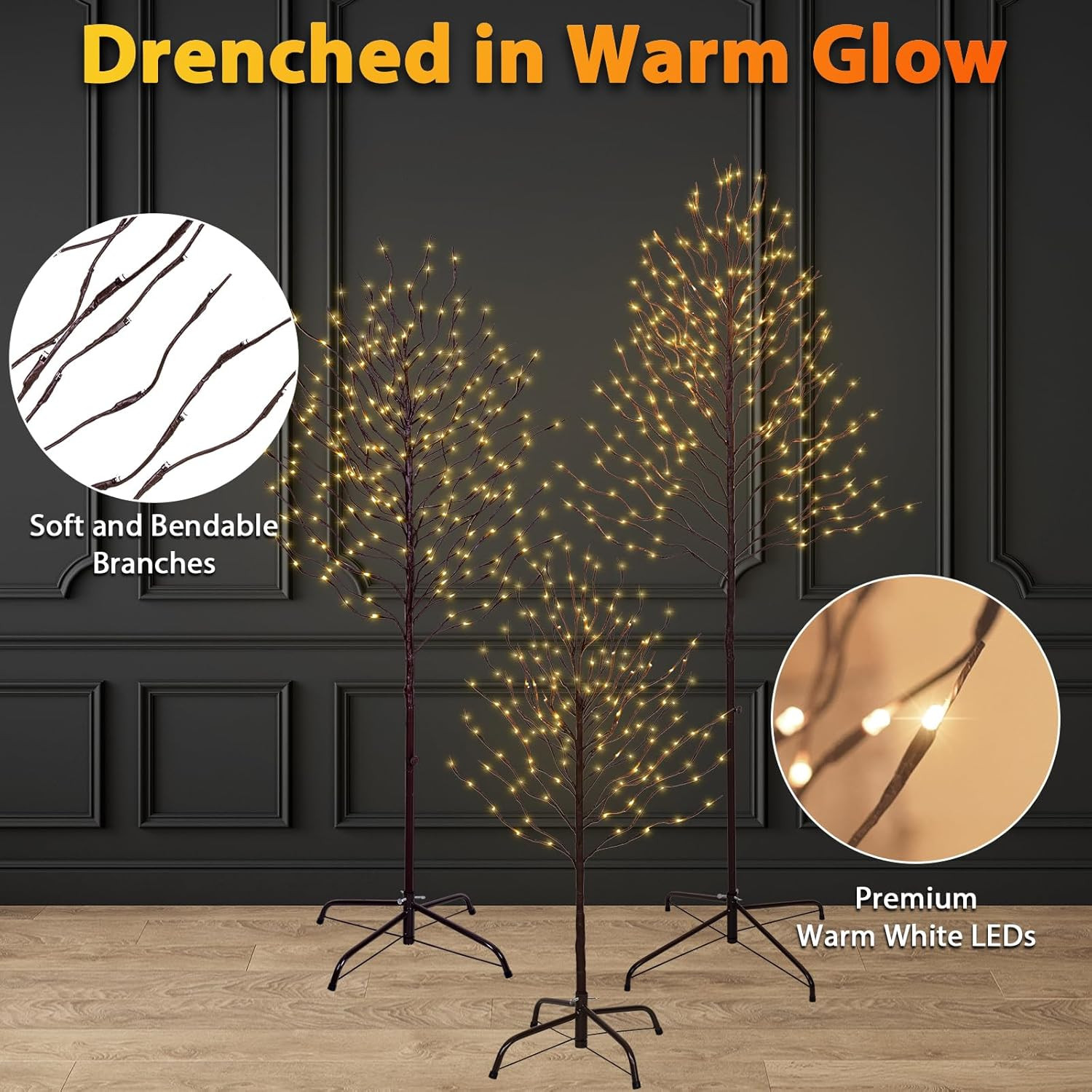 Twinkling Twig Trees Set – 3Ft, 5Ft, 6Ft with Warm White Lights for Decor