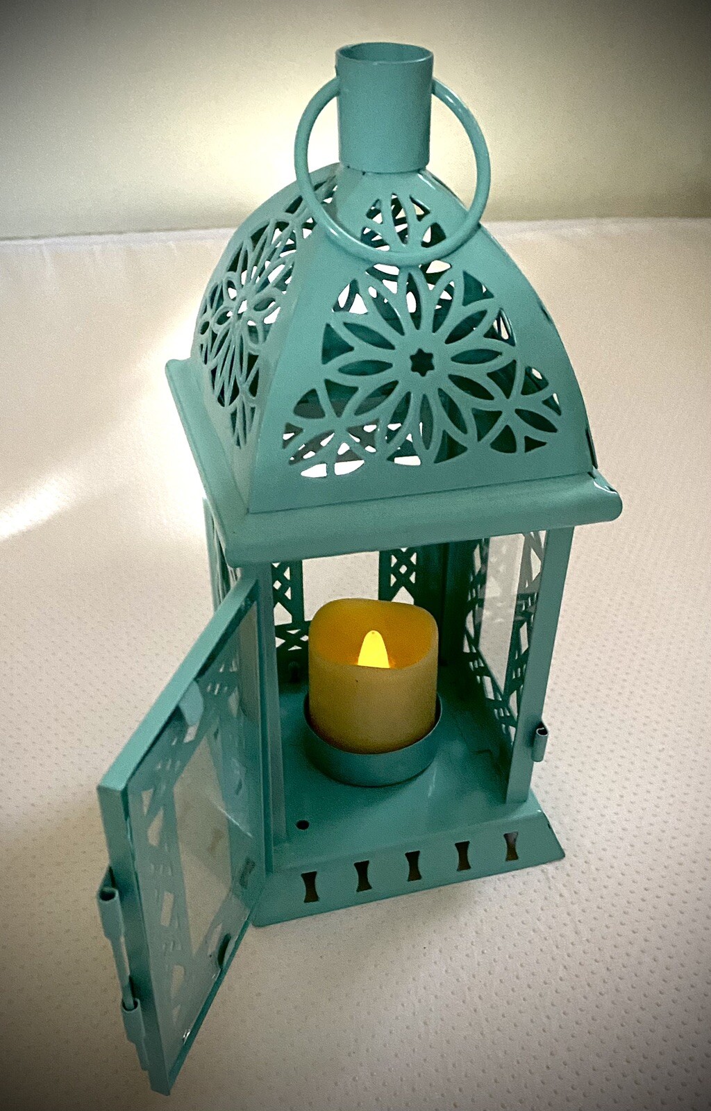 Moroccan Glass and Metal Lantern Indoor/Outdoor Decor w/ Baytery Candle