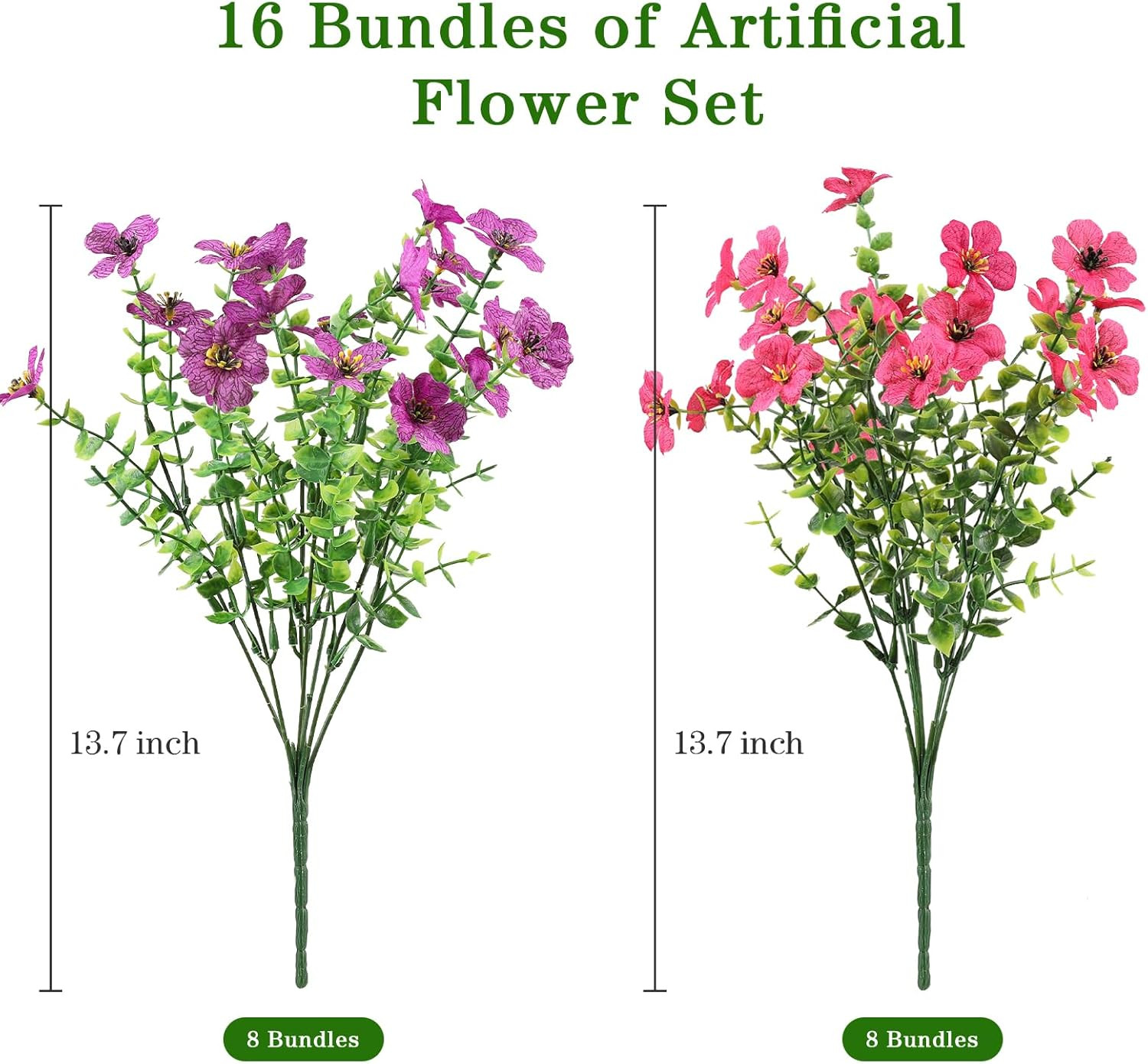 16 Bundles Artificial Flowers for Outdoor,No Fade Fake Plastic Flowers Faux Plan