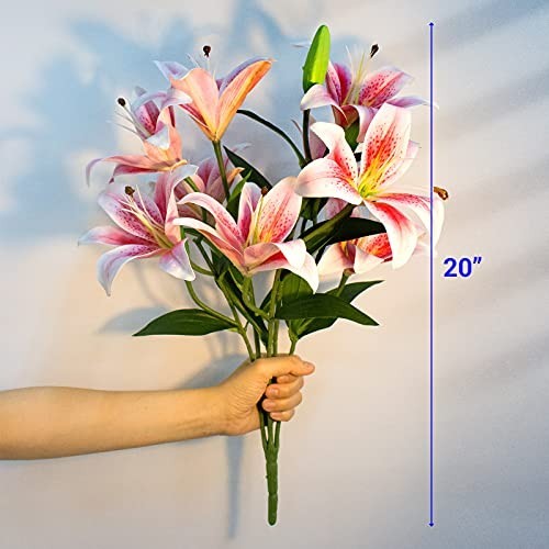 12 Artificial Lily Flowers – Full Bloom Stargazer & Tiger Lilies, Long Stem Faux