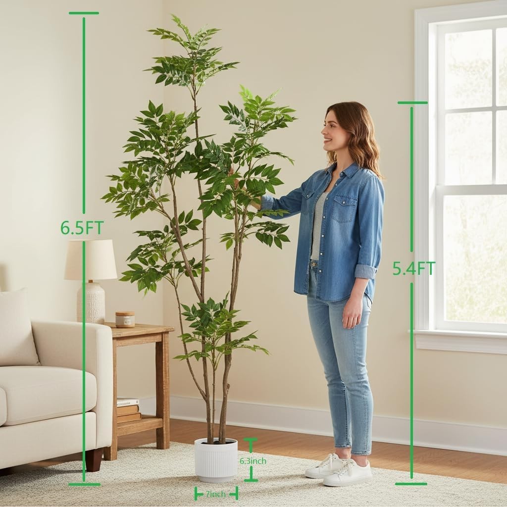 6.5FT Artificial Sumac Tree Faux Mahonia Fortunei Tree with White Pot for Hom…