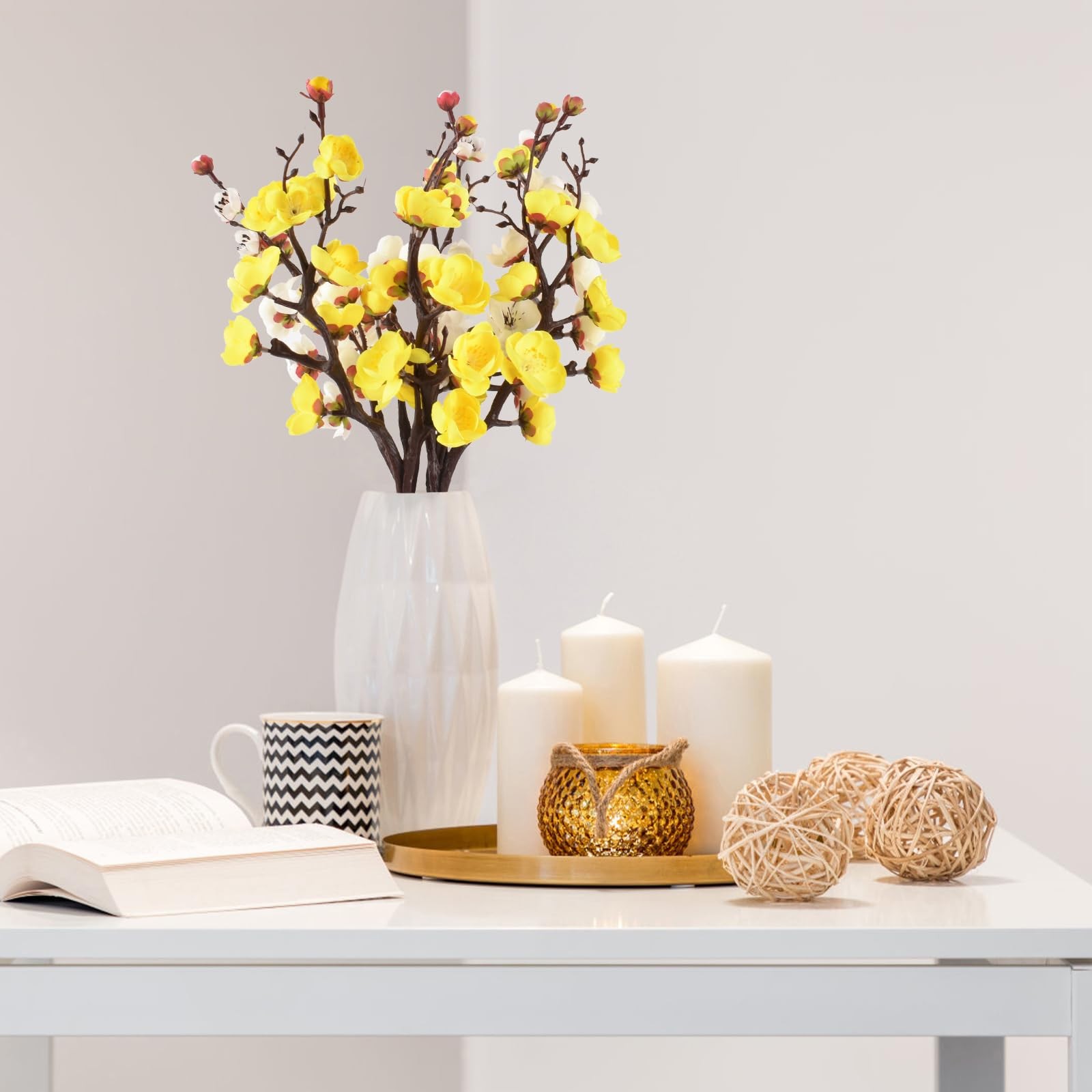 Artificial Plum Blossom 6 Pack Simulation Long Stem Silk Flower Branches Home…