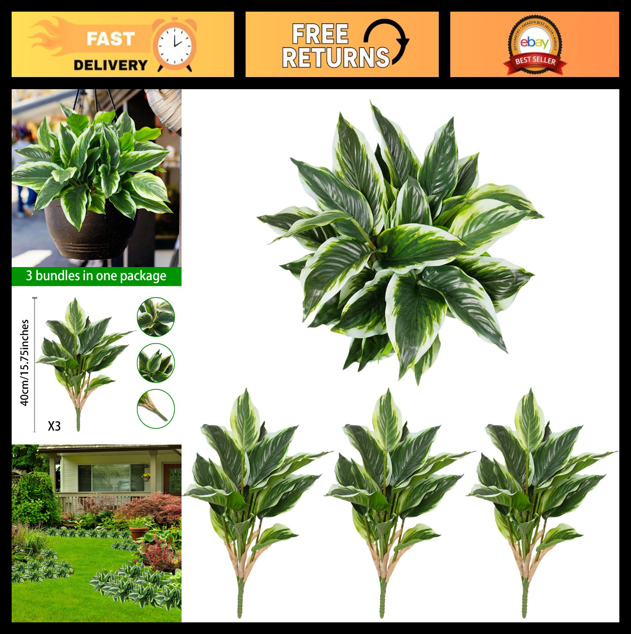 3PCS UV Resistant Artificial Tropical Green Plants – 15.75″ Faux Hostas for Indo