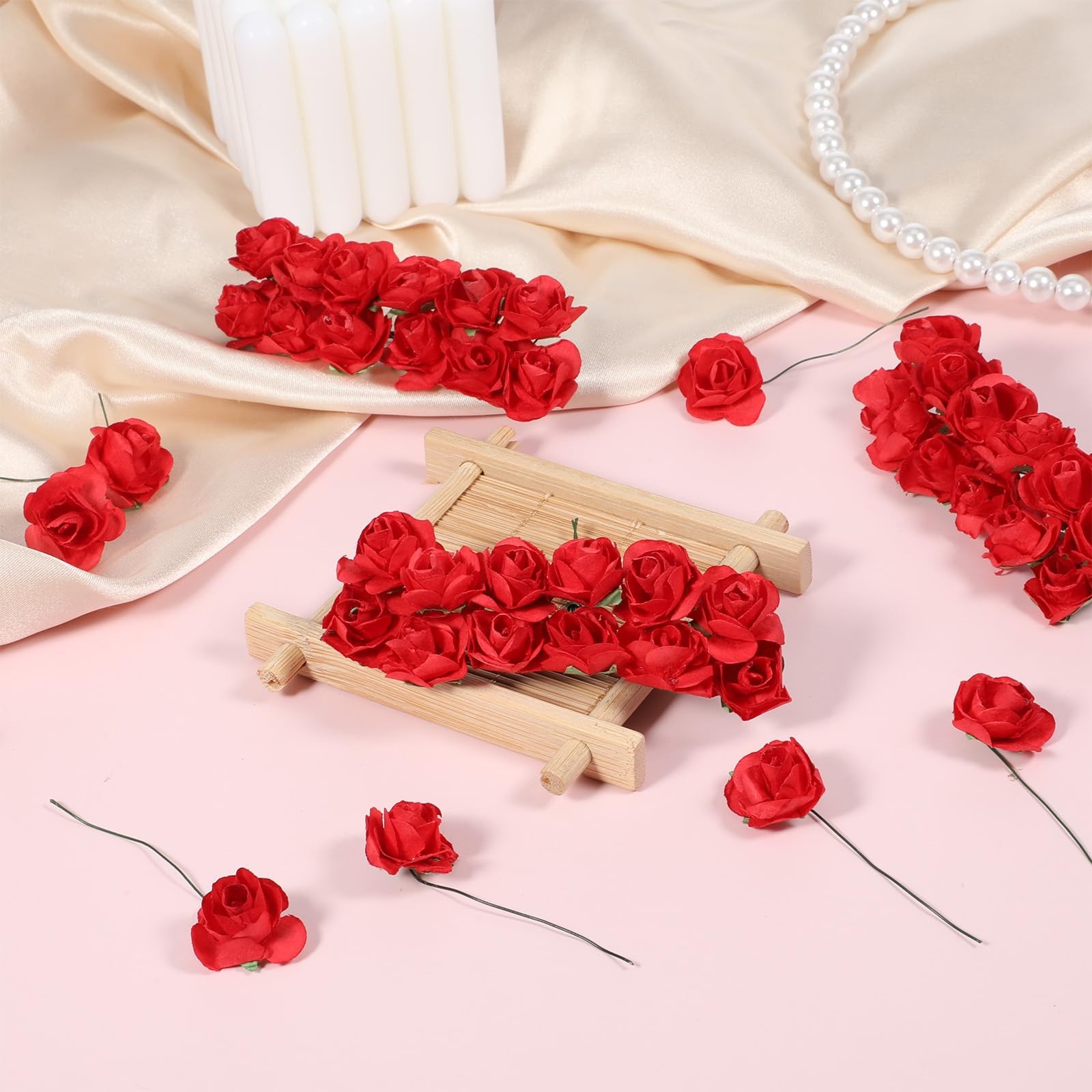 144 PCS Mini Paper Flowers Red Rose Artificial Head Buds DIY Crafts 0.6 Inch