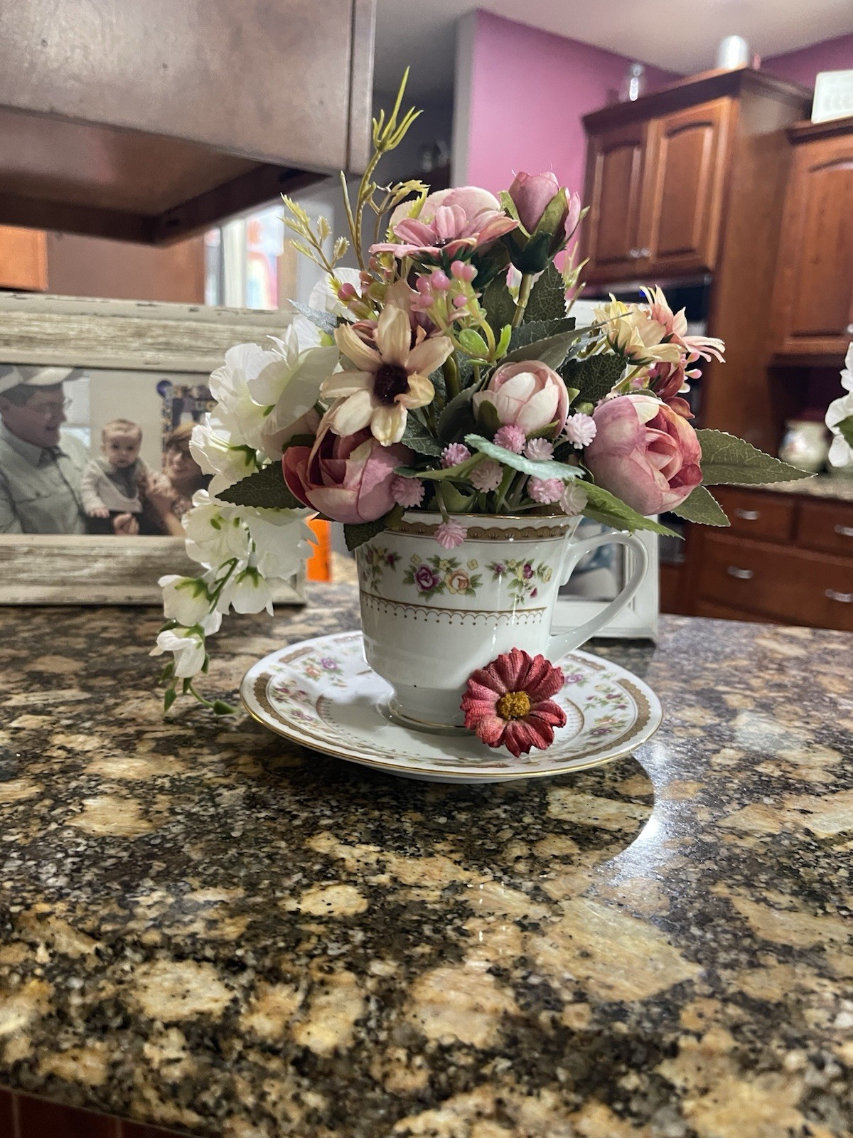 Hand Crafted Tea Cup Flower Arrangement.