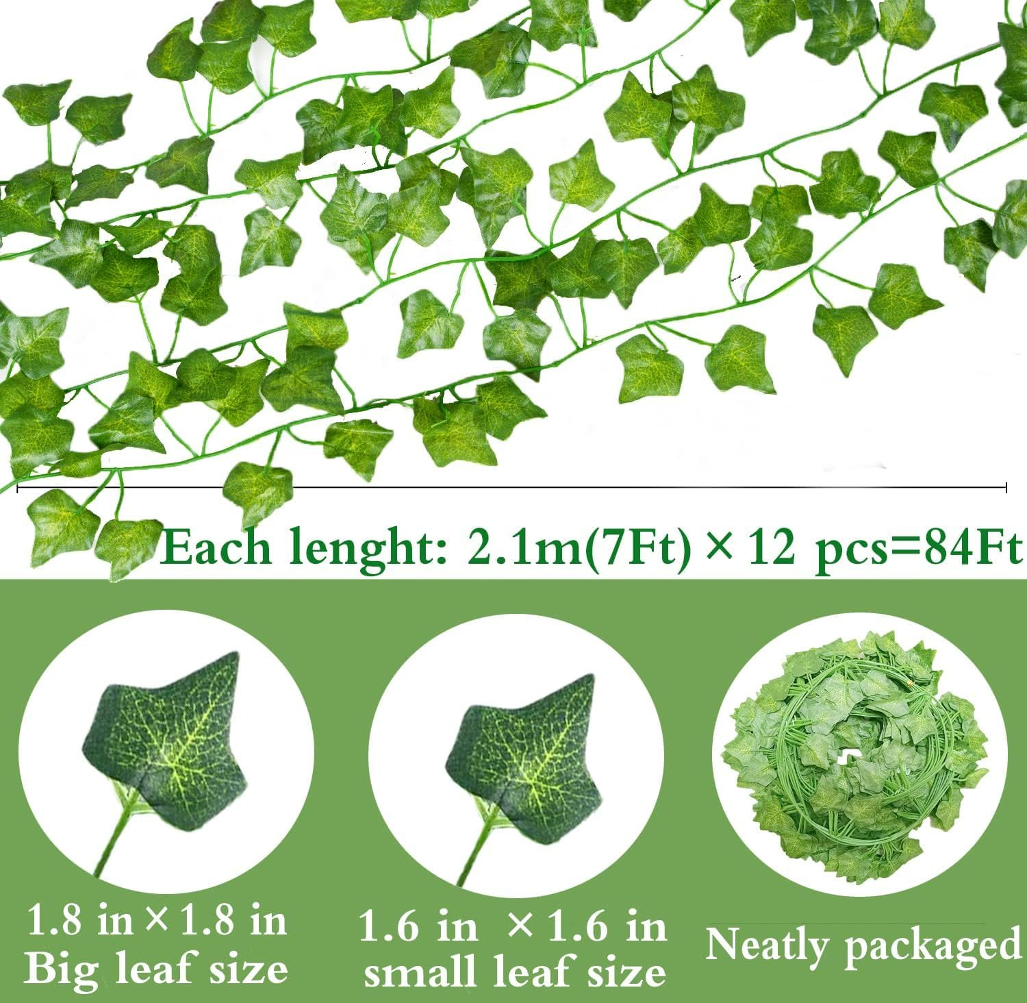 Pack de 12 hilos de hiedra artificial 84 pies guirnalda verde