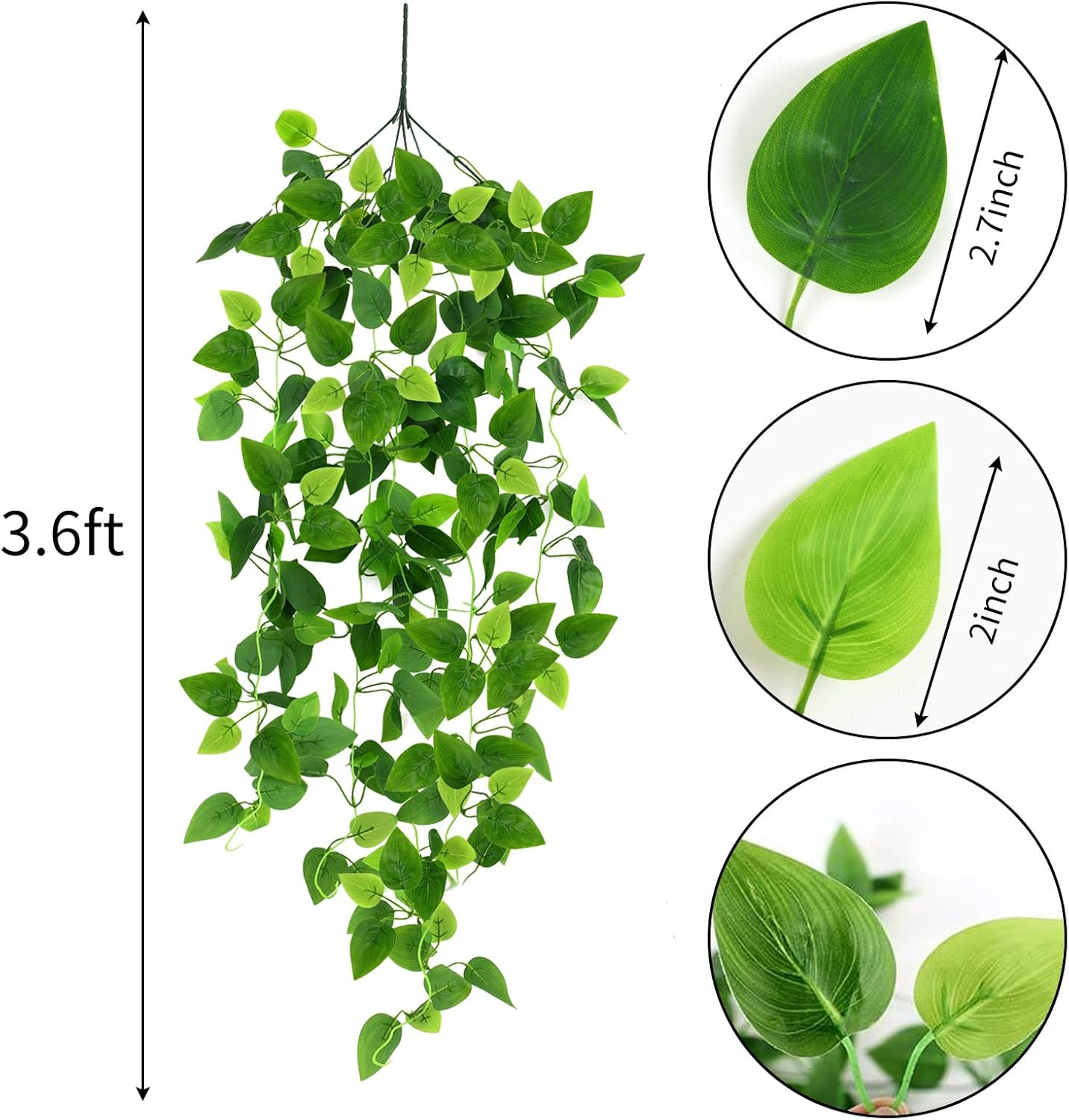 2Pcs Fake Hanging Plants for Room Decor, 3.6Ft Artificial Ivy Pothos Vine for Wa