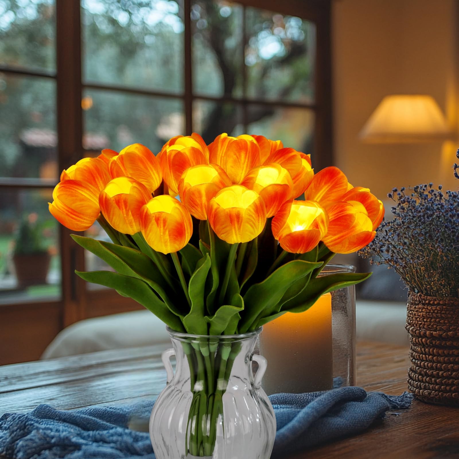 20 Stems LED Lighted Artificial Flowers Tulip Lamp Real Touch Tulips Faux Flo…