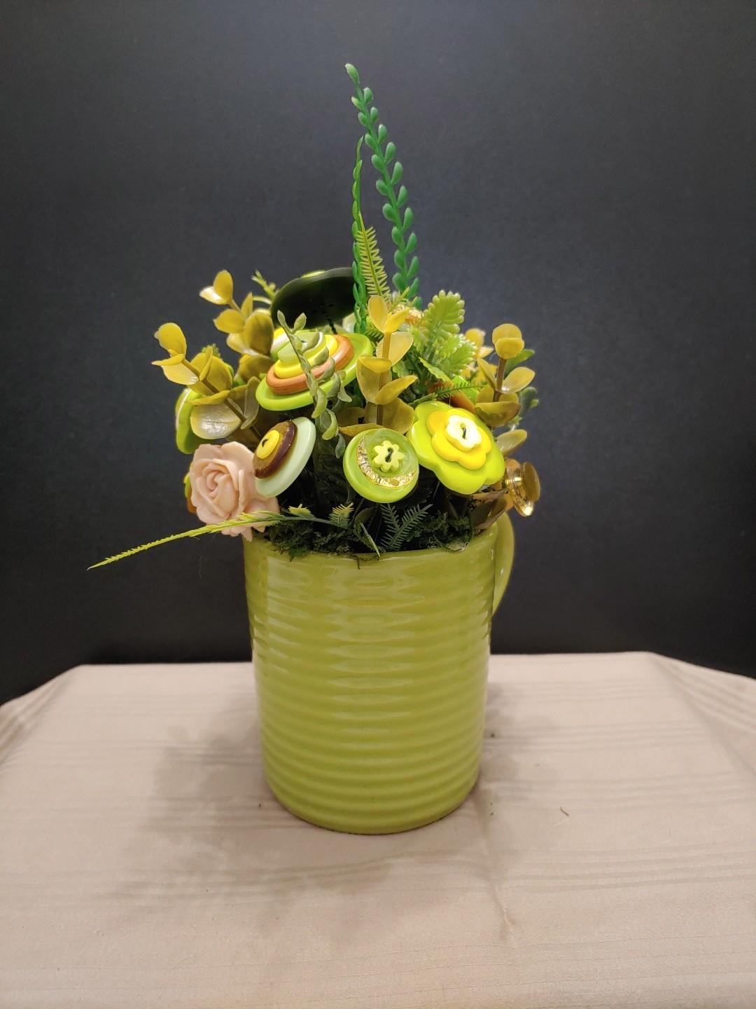 Green Yellow Button Flower Bouquet In Lime Green Coffee Mug Vintage