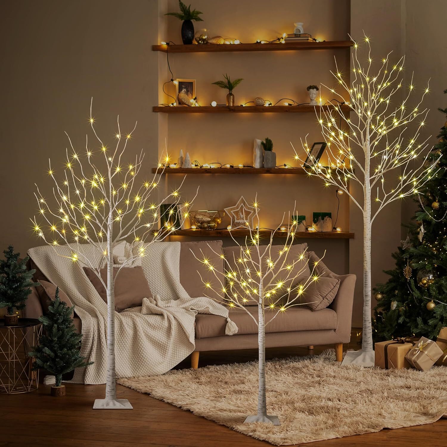 Perfect 4 Feet 6 Feet and 8 Feet Birch Tree,Warm White, for Home,Pack of 3, Fest