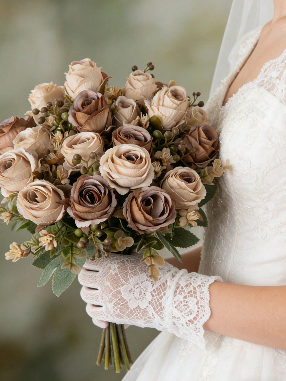 Brown Artificial Silk Rose Bouquet 3 Pieces For Wedding Home Decor