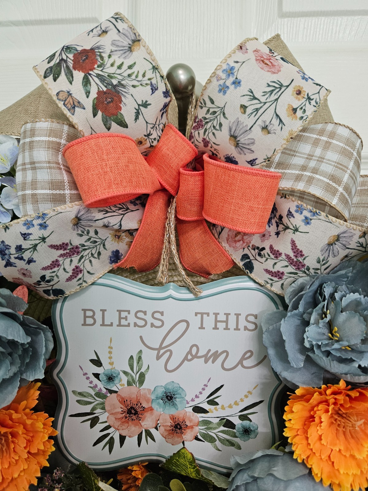 Fall Orange and Blue Blessing Basket Wreath, Faux Florals Flowers