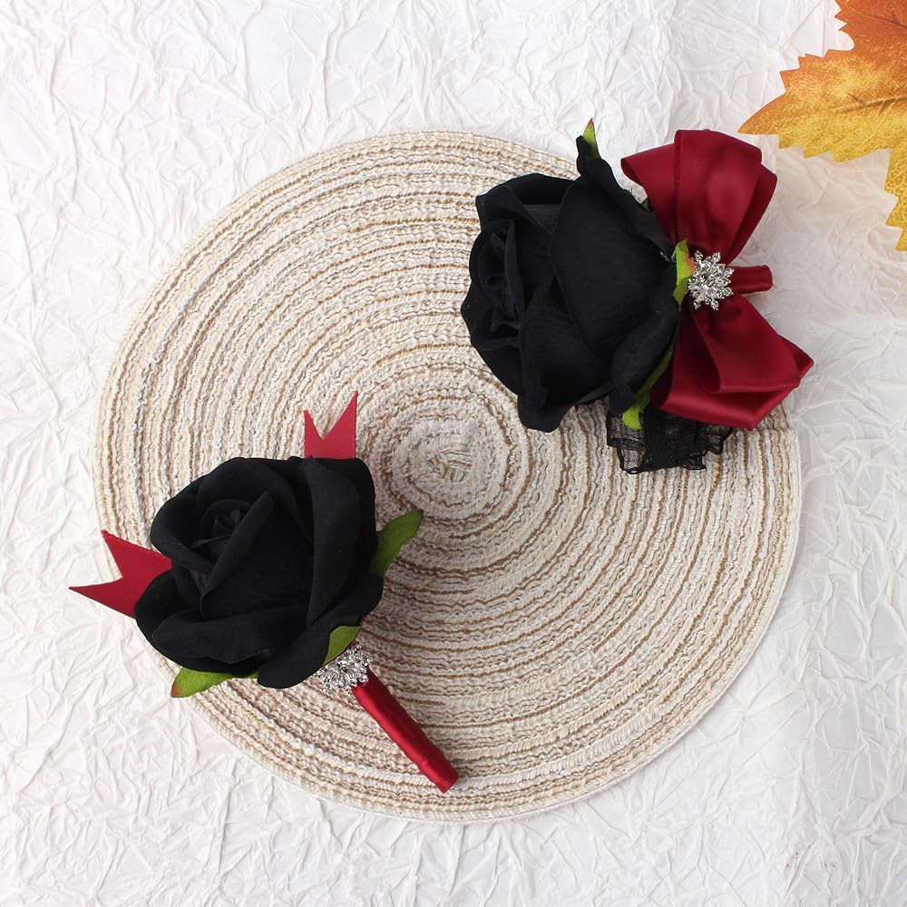 2 PCS Red Black Rose Wrist Corsage Boutonniere Set Wedding Prom Party Decor